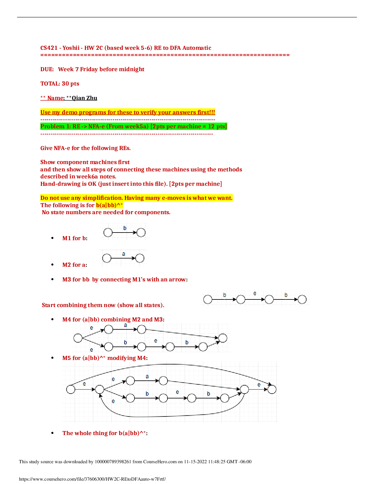 Preview image for CS 421 Theory of computing  CS421  HW 2C (based week 5-6) RE to DFA Automatic California State University, San Marcos