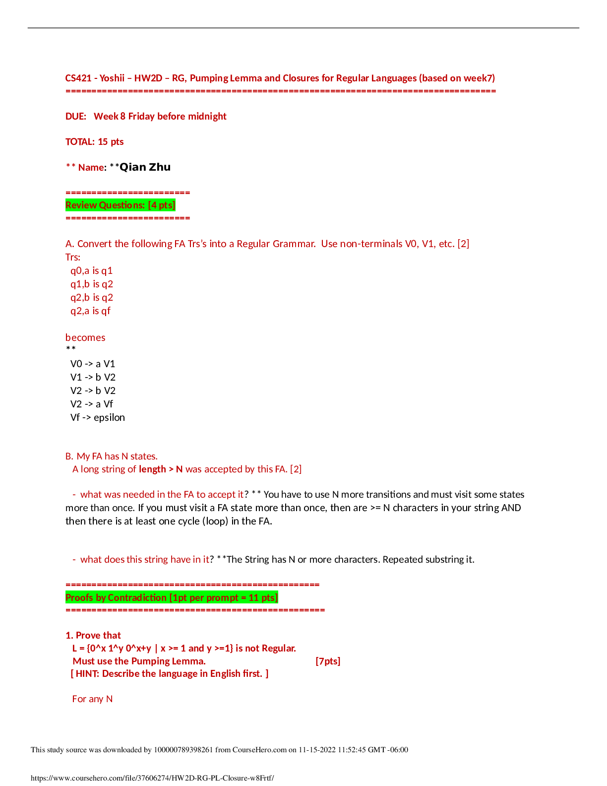 Preview image for CS 421 Theory of computing HW2D – RG, Pumping Lemma and Closures for Regular Languages (based on week7) | California State University, San Marcos