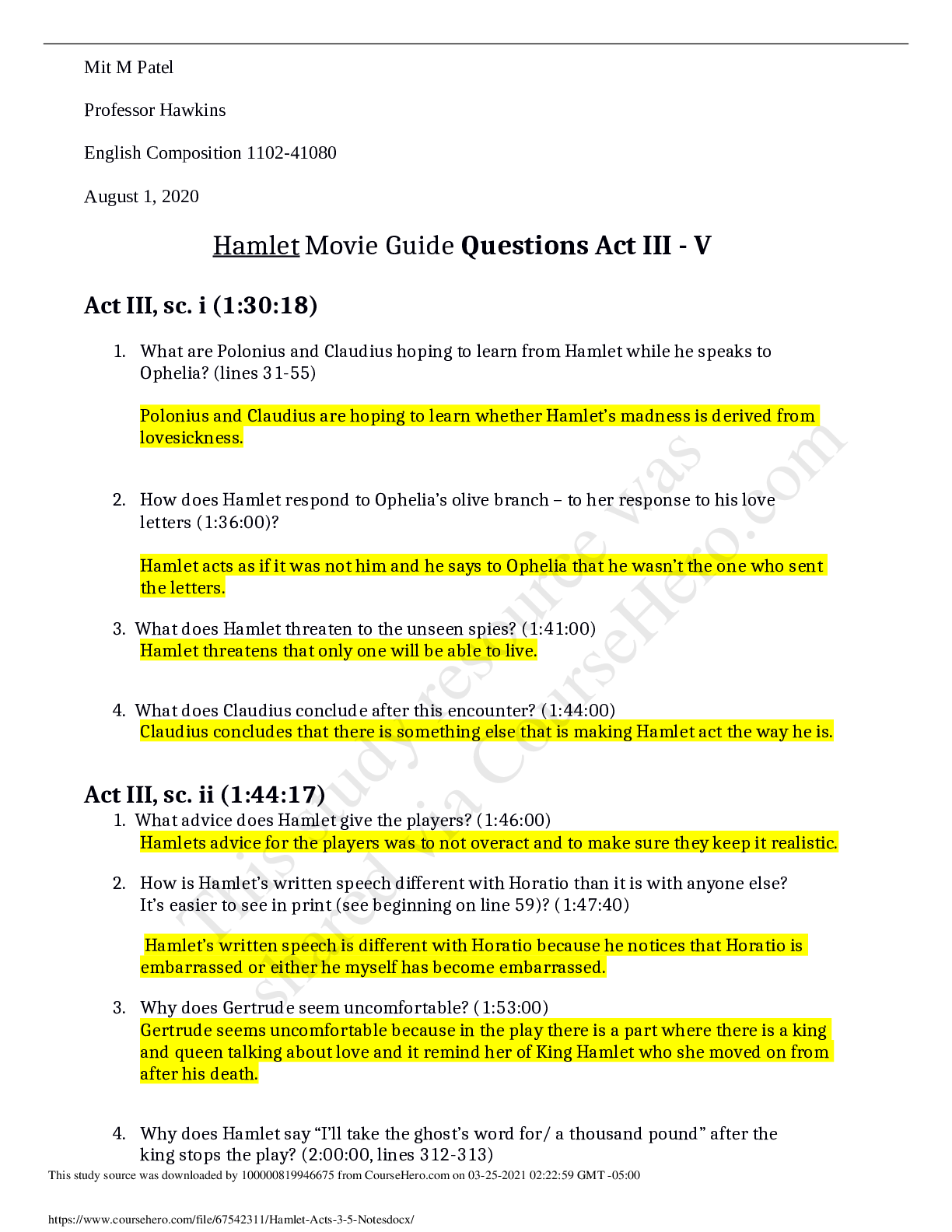 Preview of Hamlet Acts 3-5 University of South Florida - ENC 1102 ALL ANSWERS 100% CORRECT AND HIGHLI
