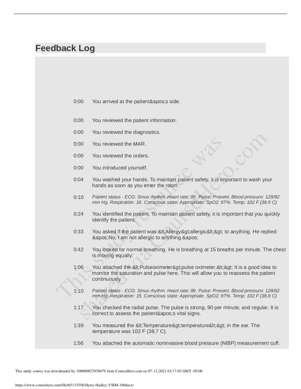 Preview of PHARMACOLO NU120 Harry Hadley Feedback Log