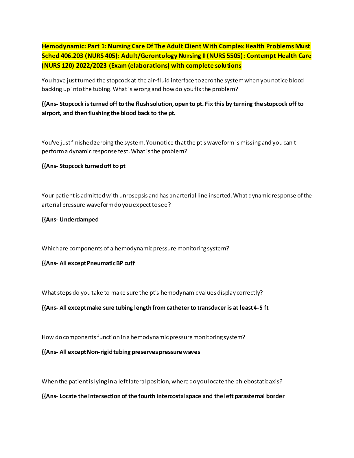 Preview image for Hemodynamic: Part 1: Nursing Care Of The Adult Client With Complex Health Problems Must Sched 406.203 (NURS 405): Adult/Gerontology Nursing II (NURS 5505): Contempt Health Care (NURS 120) 2022/2023 (Exam (elaborations) with complete solutions
