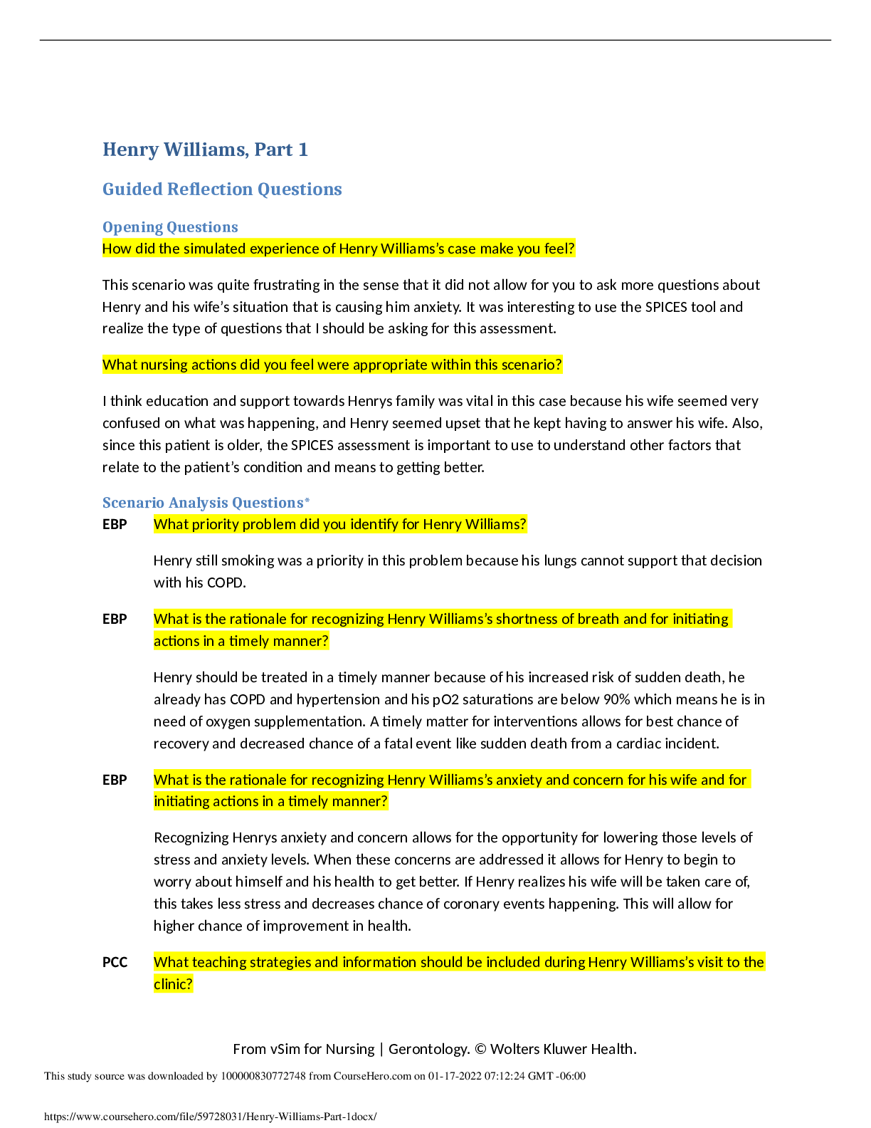 Preview image for Worksheets to Prepare for Simulation Cases.  Module - Gerontology vSim Scenario (Patient) – Henry Williams Part 1 Part 1: Plan of Care Concept Map (adapted from vSim template).