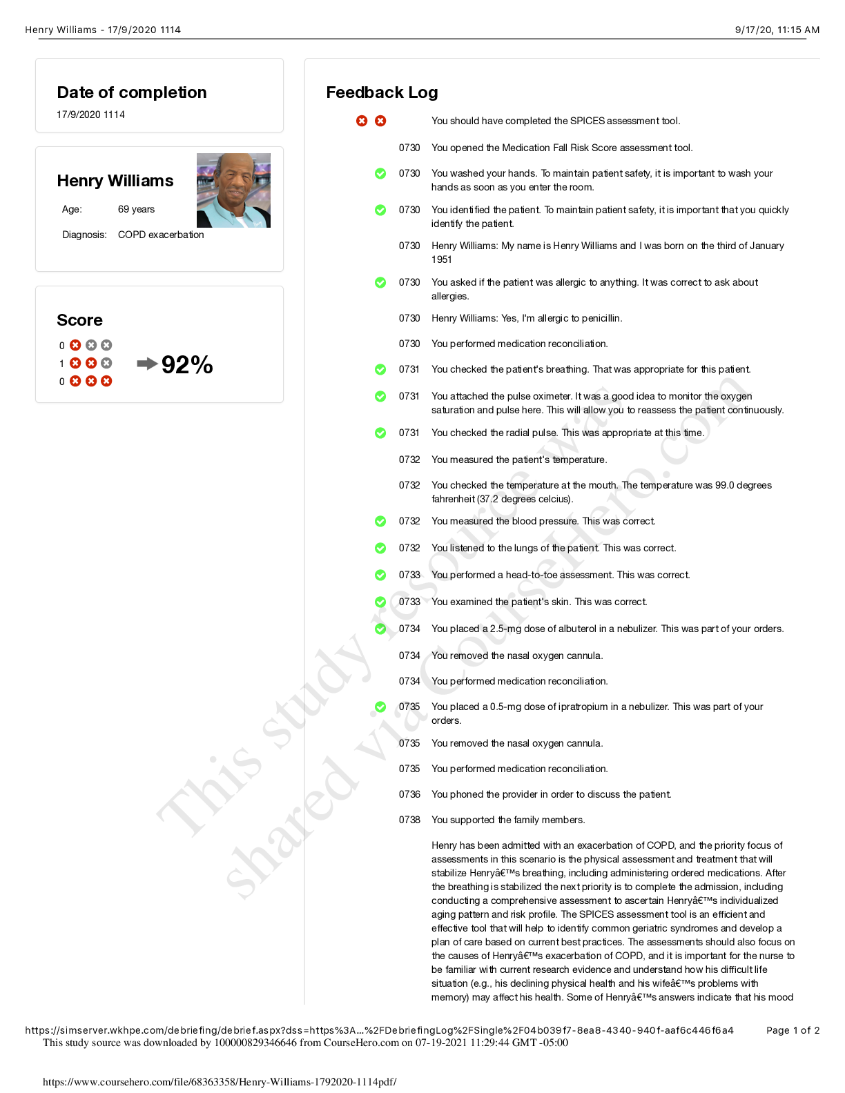 Preview image for NURSING 1000-1800 Henry Williams Age: 69 years Diagnosis