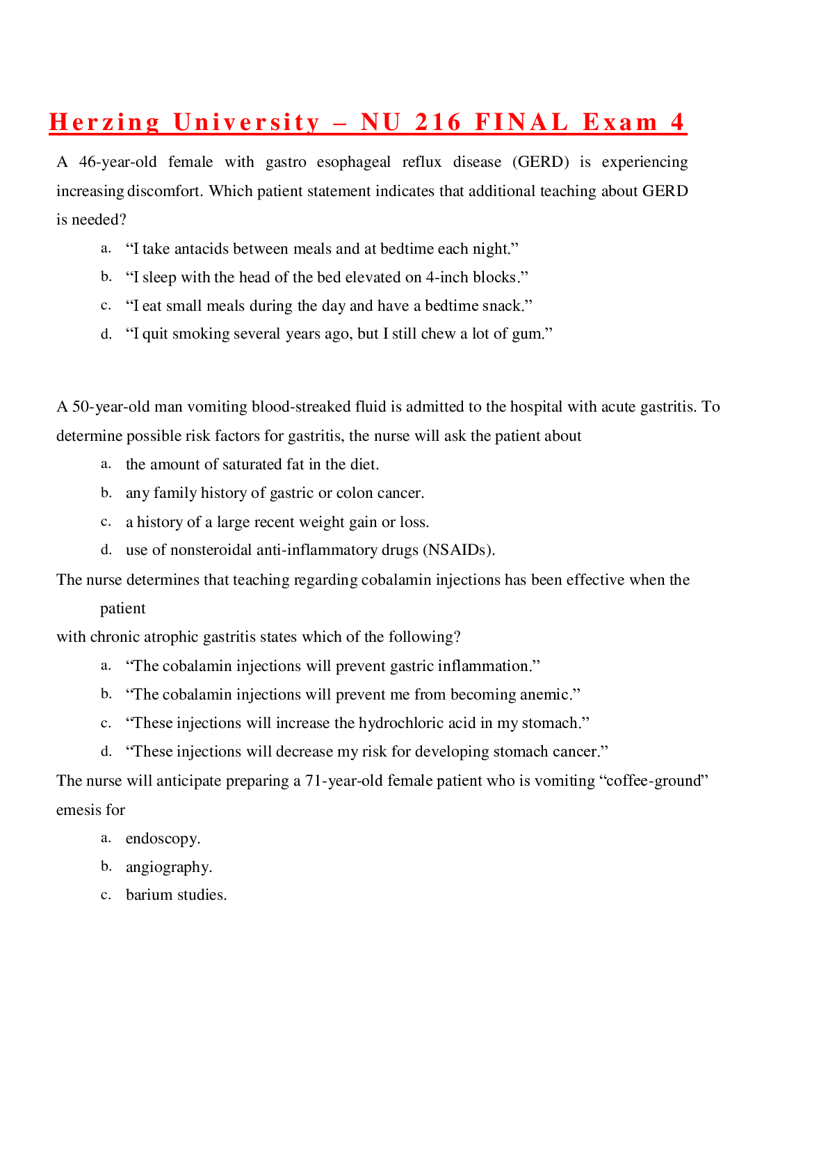 Preview image for Herzing University ¬– NU 216 FINAL Exam 4(NURSING)