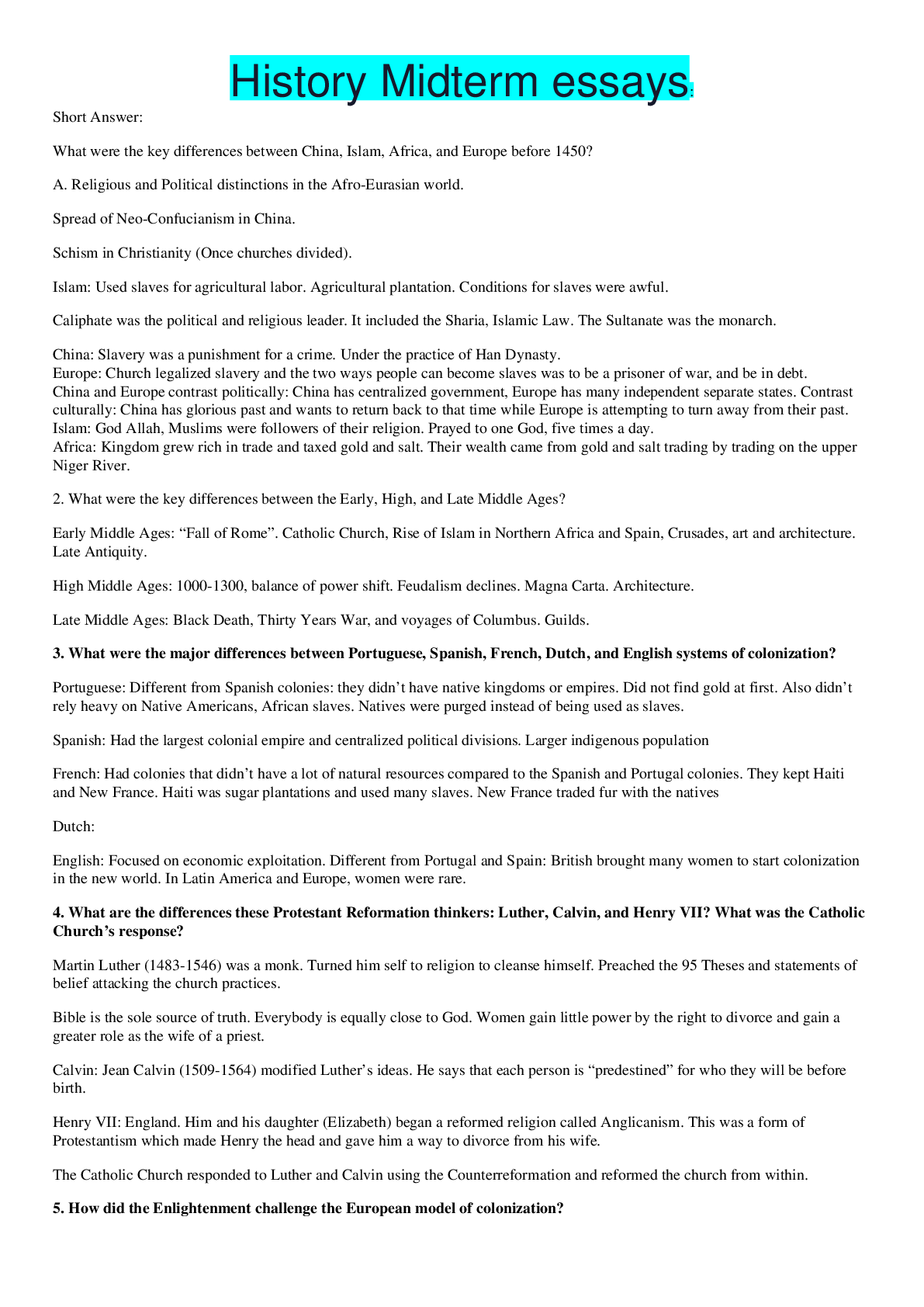 Preview image for History Midterm essays: