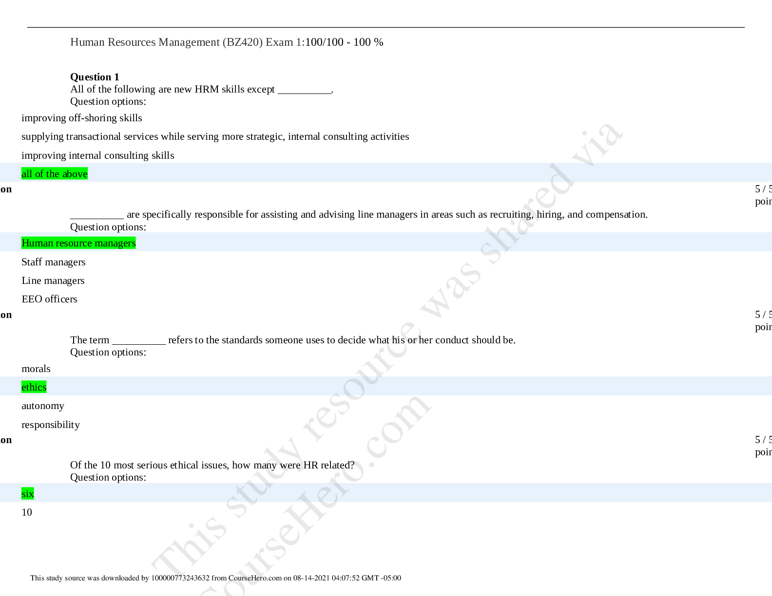 Preview image for Questions And Answers>Human Resources Management (BZ420) Exam 1:100/100 - 100 %