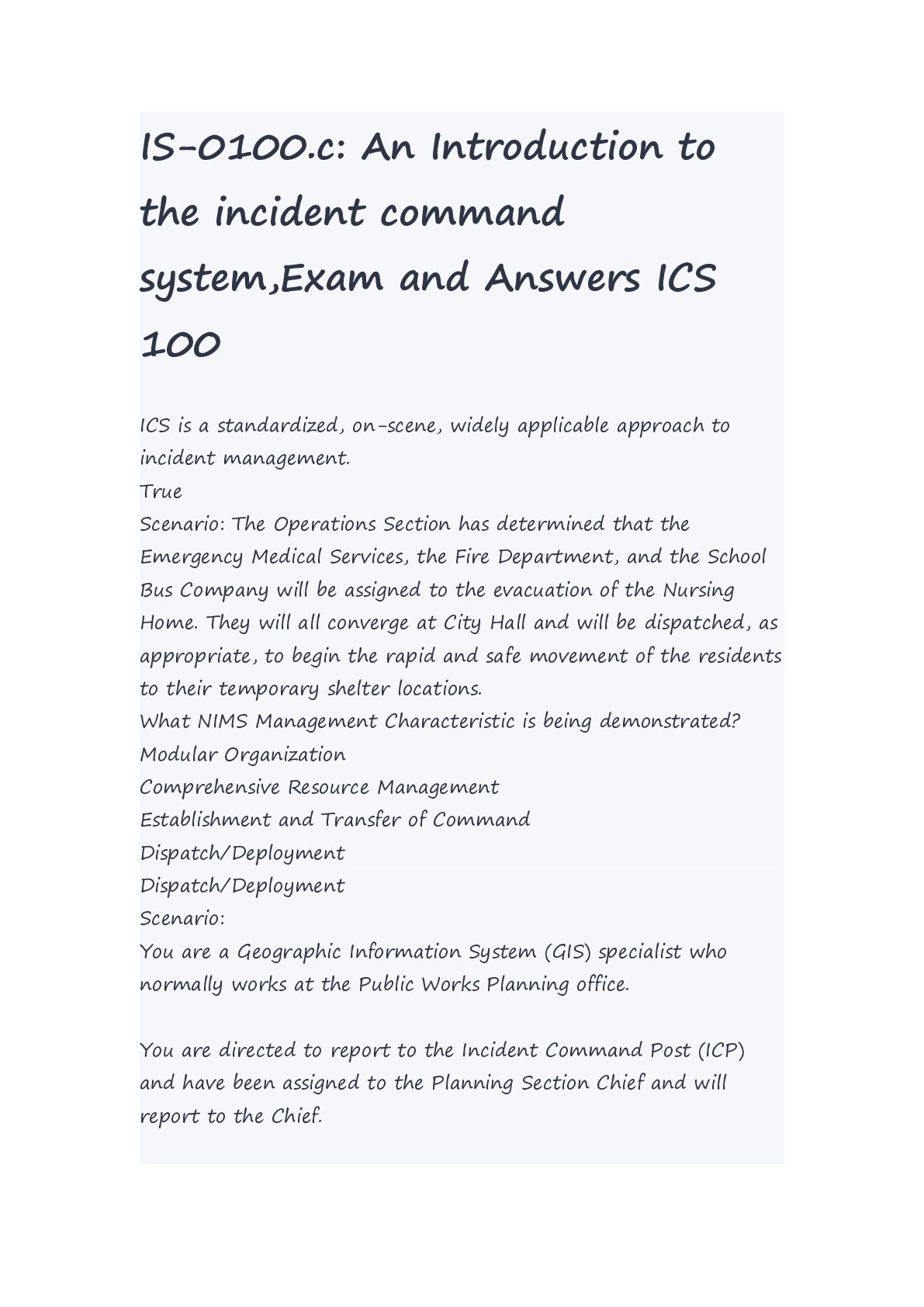 Preview image for IS-0100.c: An Introduction to the incident command system,Exam and Answers ICS 100