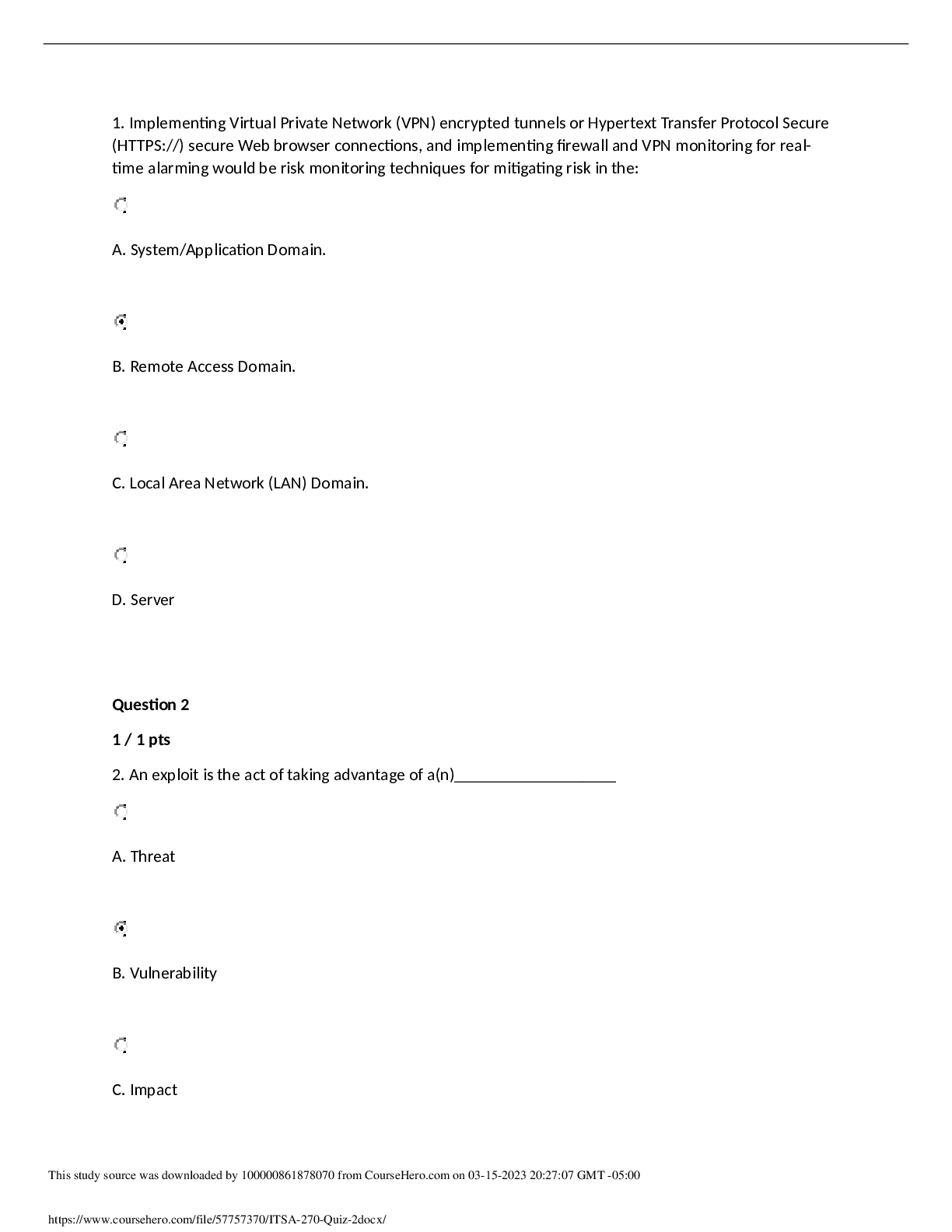 Preview image for ITSA 270 Business Continuity and Disaster Recovery Quiz 2 Current Score: 12 out of 12 | Baltimore City Community College