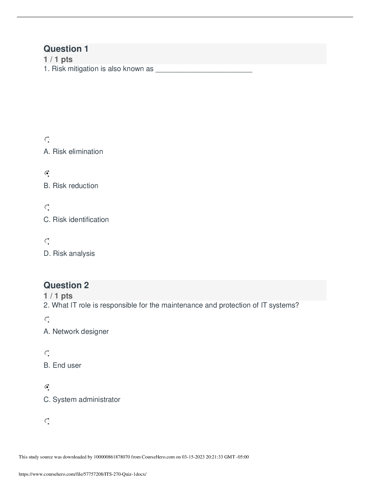 Preview image for ITSA 270  Business Continuity and Disaster Recovery Quiz 1 Current Score: 12 out of 12 | Baltimore City Community College