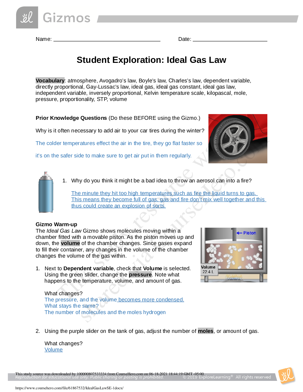 Preview of Student Exploration: Ideal Gas Law GIZMO
