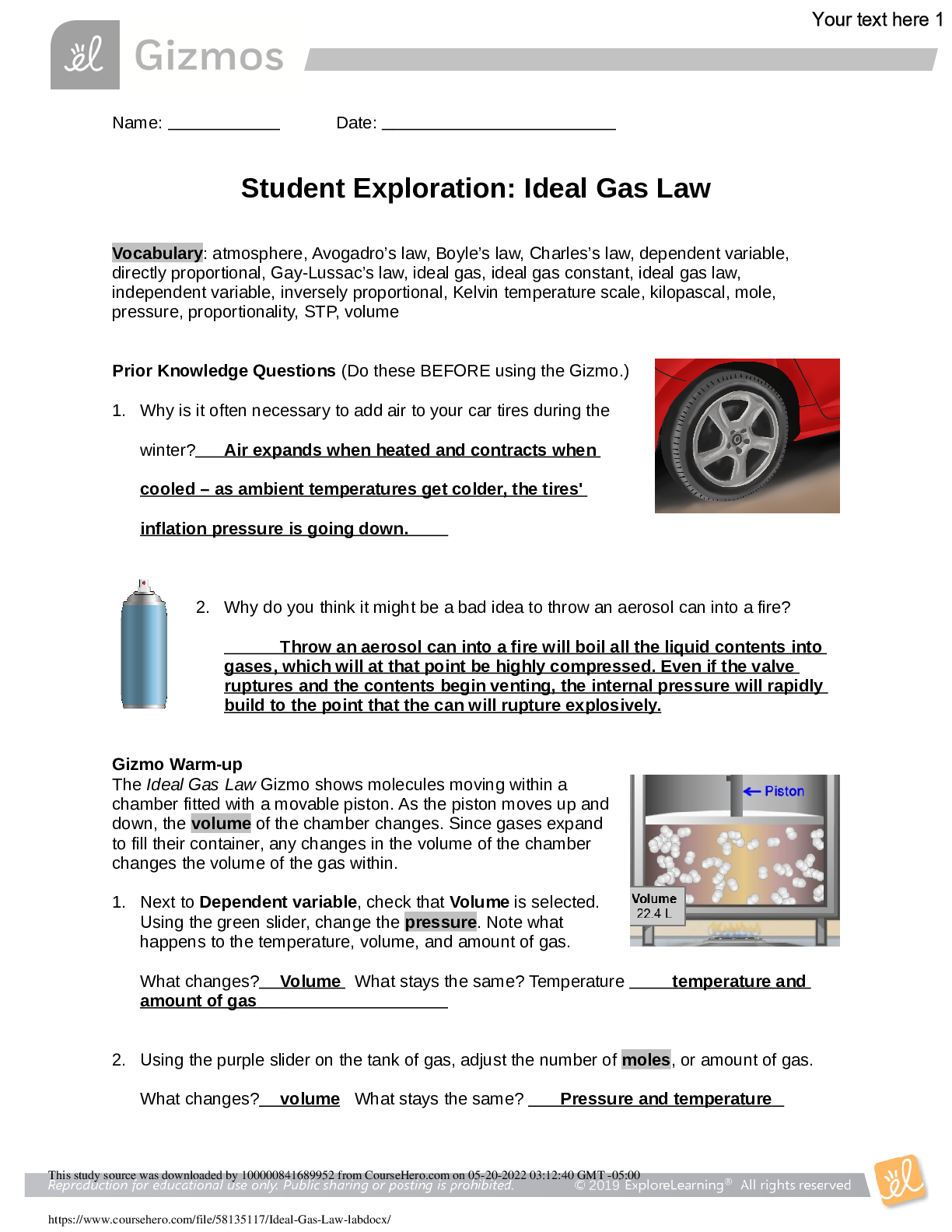 Preview image for Gizmos Student Exploration: Ideal Gas Law Answer Key