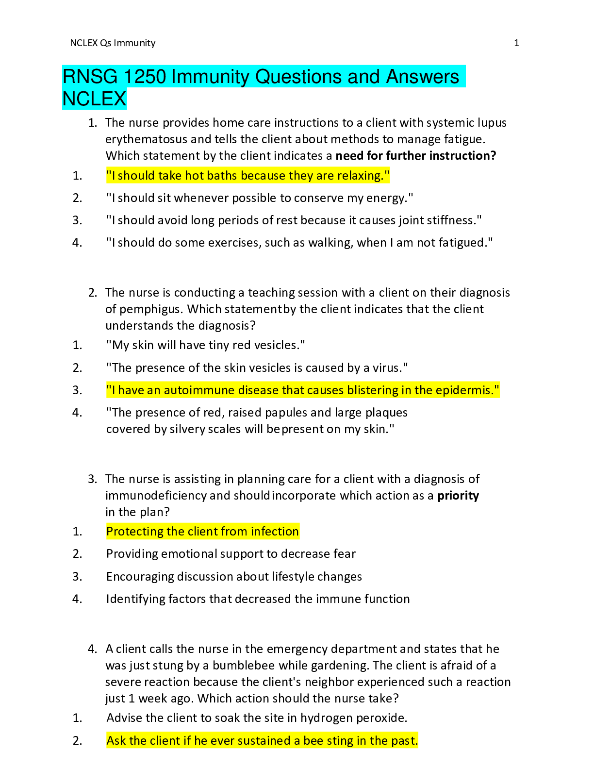 Preview image for RNSG 1250 Immunity Questions and Answers NCLEX,100% CORRECT