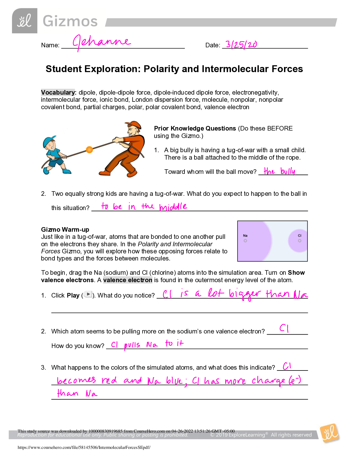 Preview image for Student Exploration: Polarity and Intermolecular Forces. All Questions Answered.