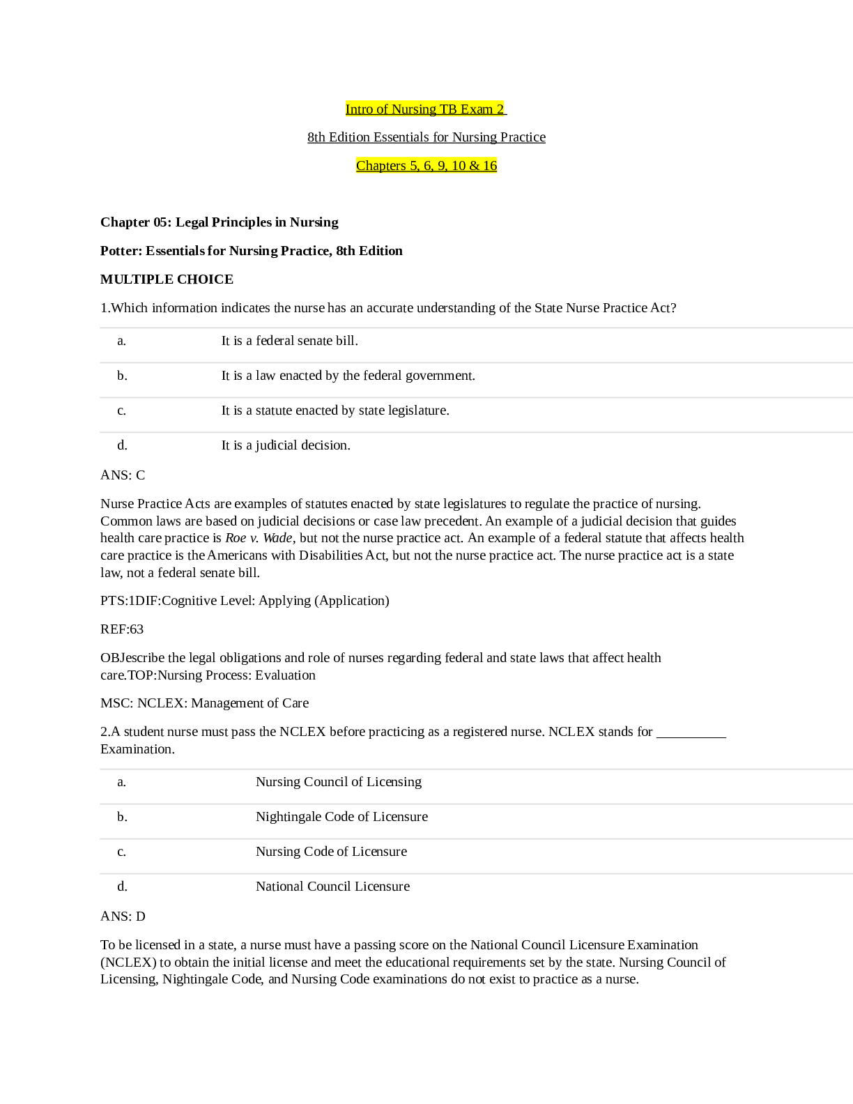 Preview of BSN NSG 3001 Intro of Nursing Test Bank Exam 2- 8th Edition Essentials for Nursing Practic