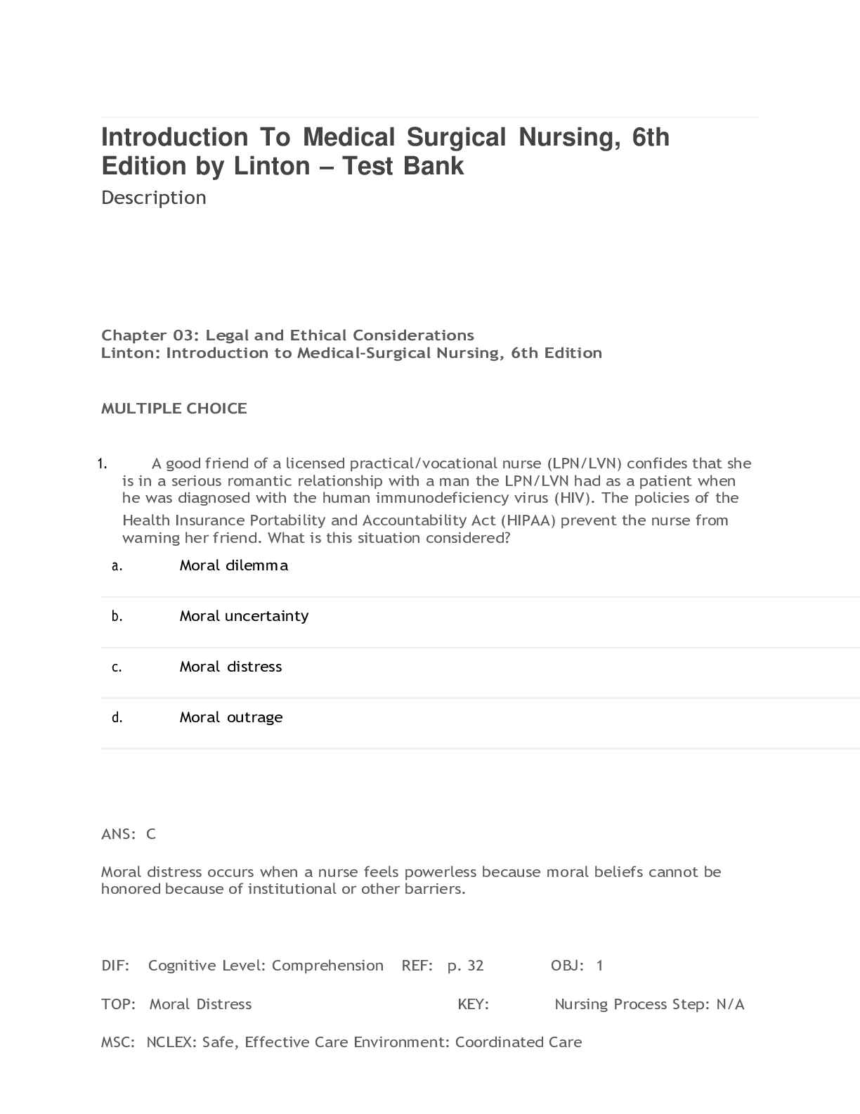 Preview image for Introduction To Medical Surgical Nursing 6th Edition by Linton - Test Bank