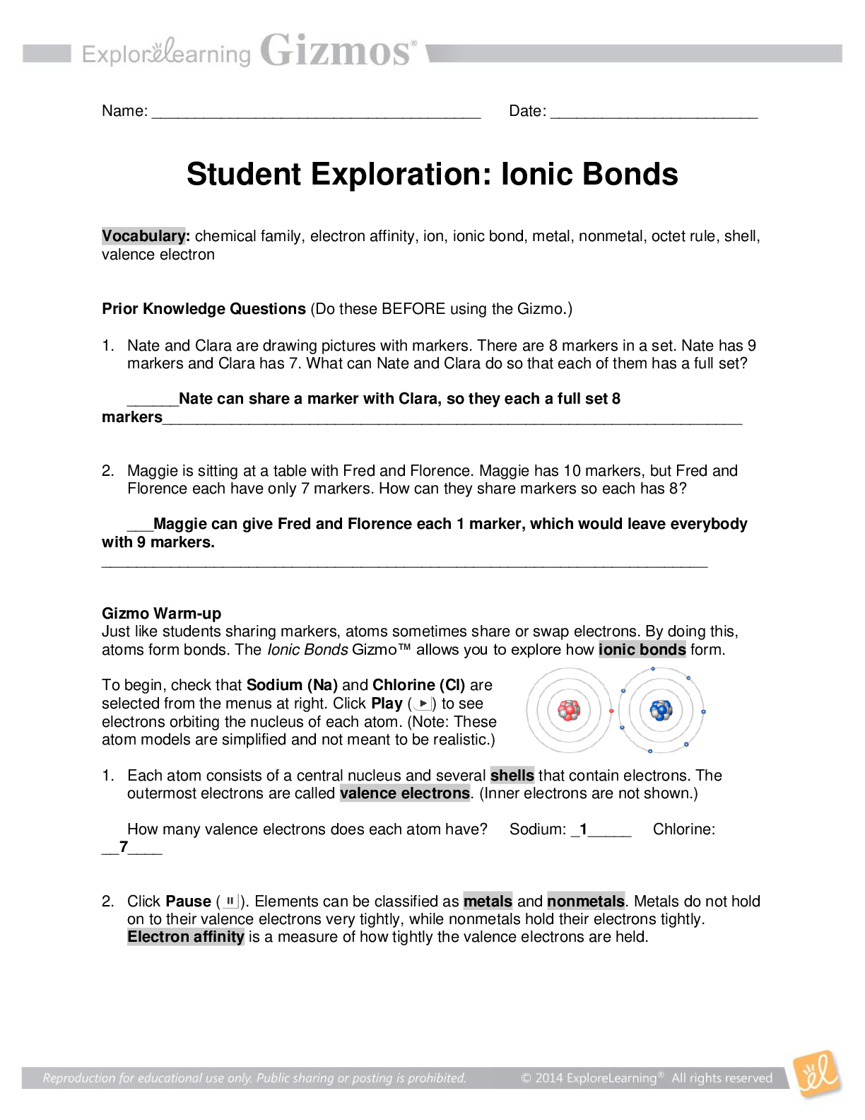 Preview of Explore Learning. GIZMO Student Exploration: Ionic Bonds