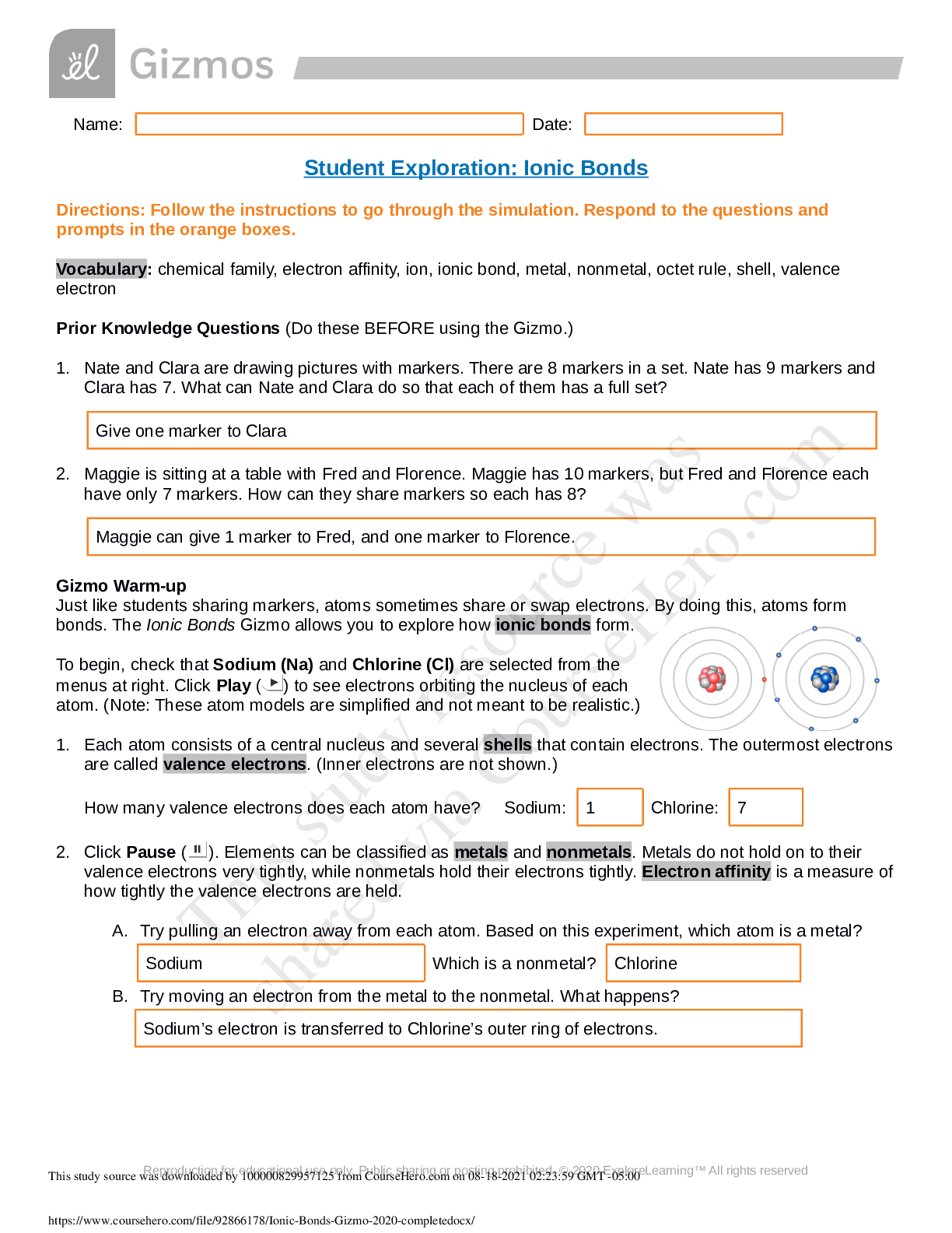 Preview of The Ionic Bonds Gizmo / Student Exploration: Ionic Bonds (answered) 2021