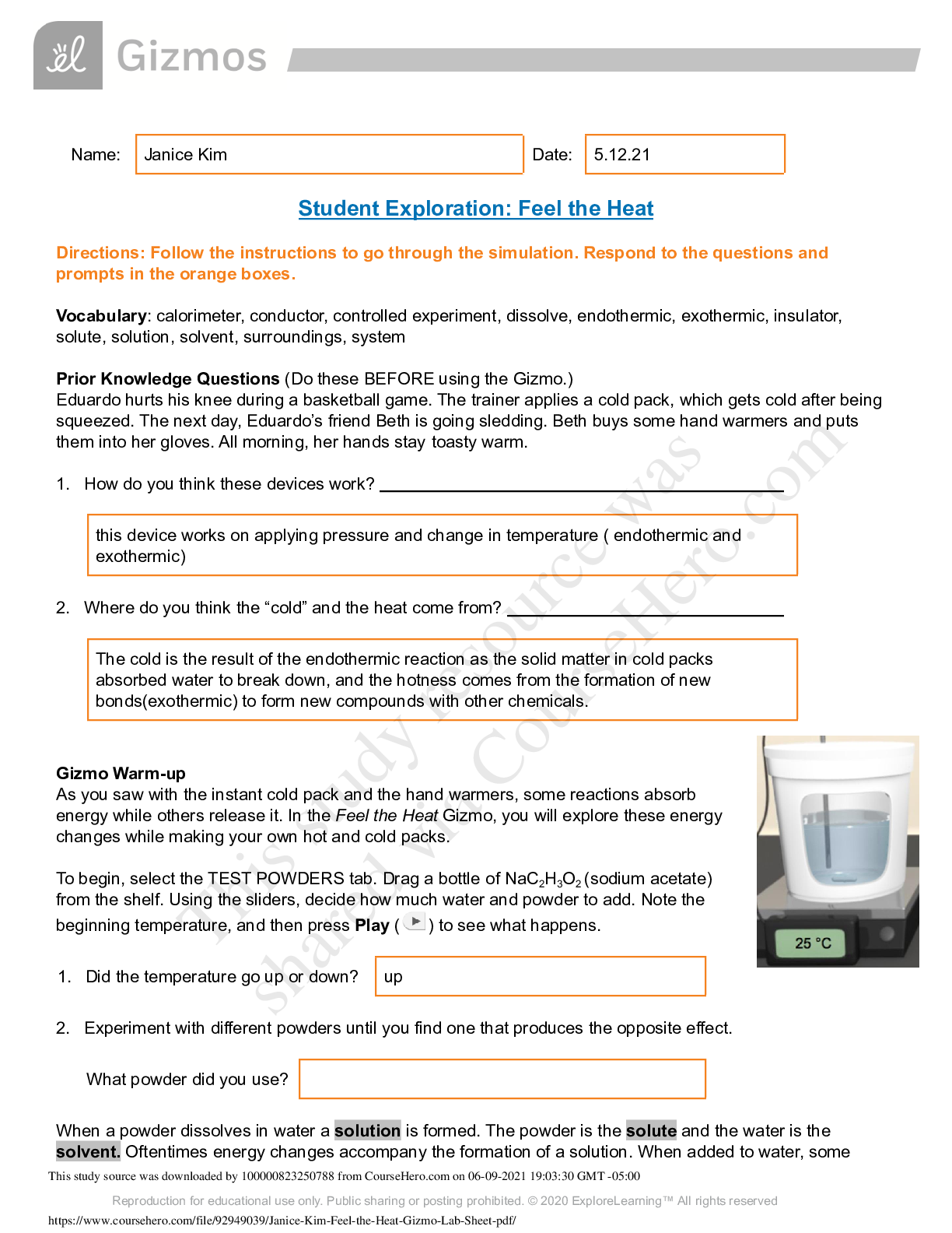 Preview image for Student Exploration: Feel the Heat may 2021 Solutions.(BEST)