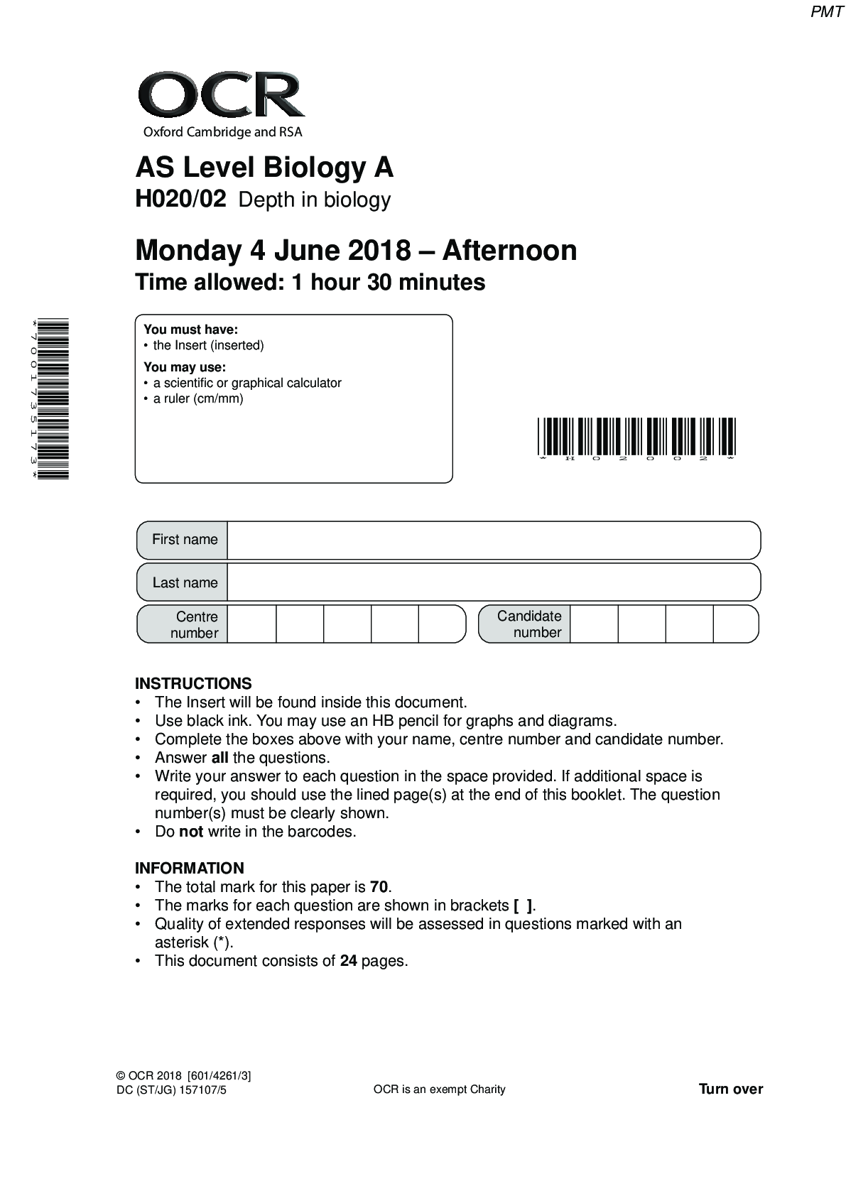 Preview image for >_AS Level Biology A_H020/02 Question Paper June 2018 | Depth in Biology