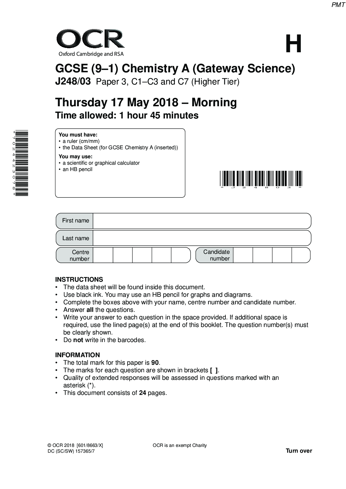 Preview of June 2018 QP - Paper 3 OCR (A) Chemistry GCSE. Revise for your mock exams.