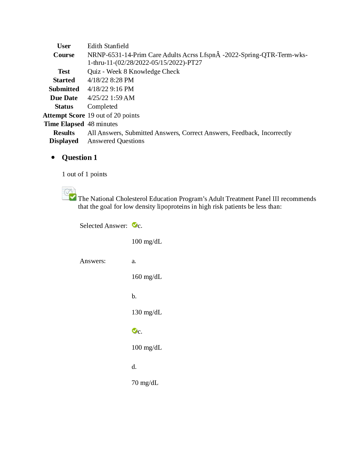 Preview image for NRNP-6531-14-Prim Care Adults across Lifespan – Quiz - Week 5 Knowledge Check 2022- (Q&A)