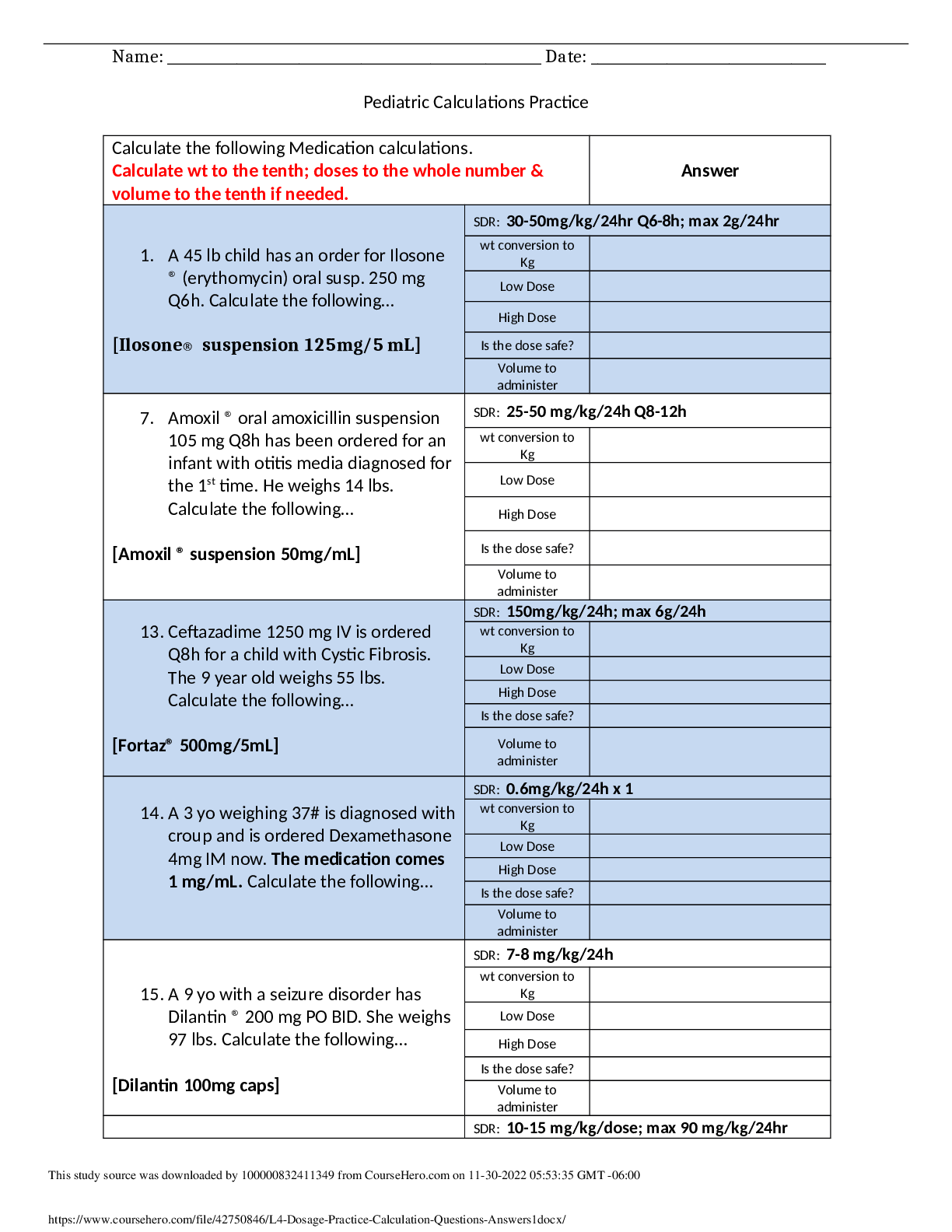 Preview of ati dosage calculations critical care form b proctored  exam| Dosage Practice Calculation