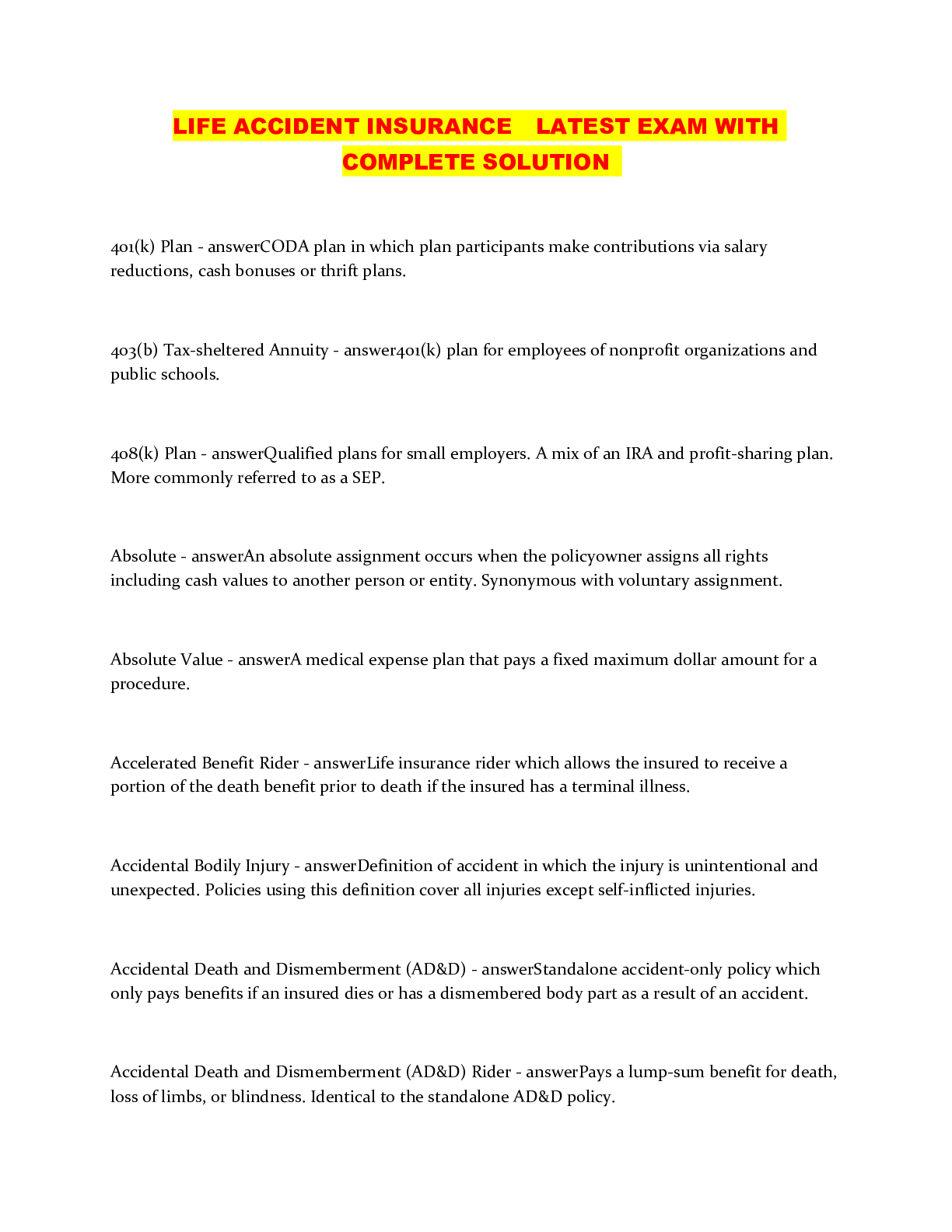 Preview image for LIFE ACCIDENT INSURANCE LATEST EXAM WITH COMPLETE SOLUTION
