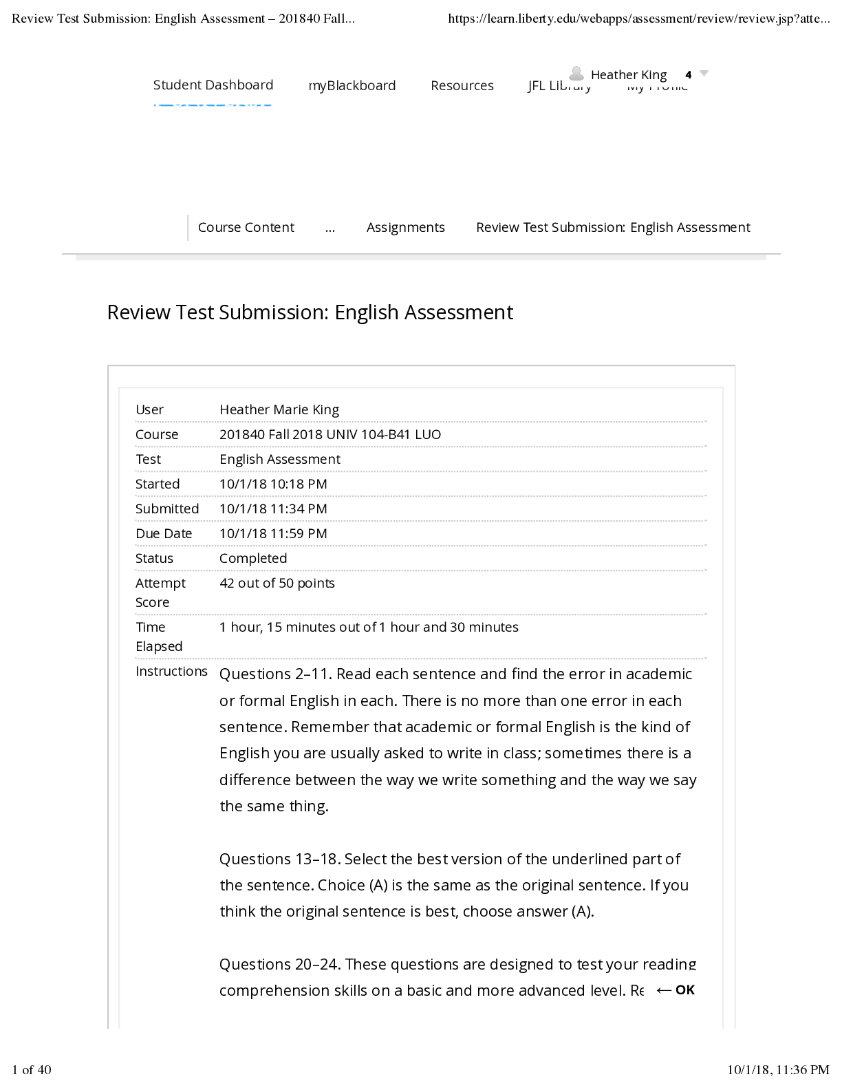 Preview image for UNIV 104 LUO English Assessment (Review Test Submission: English Assessment) FALL