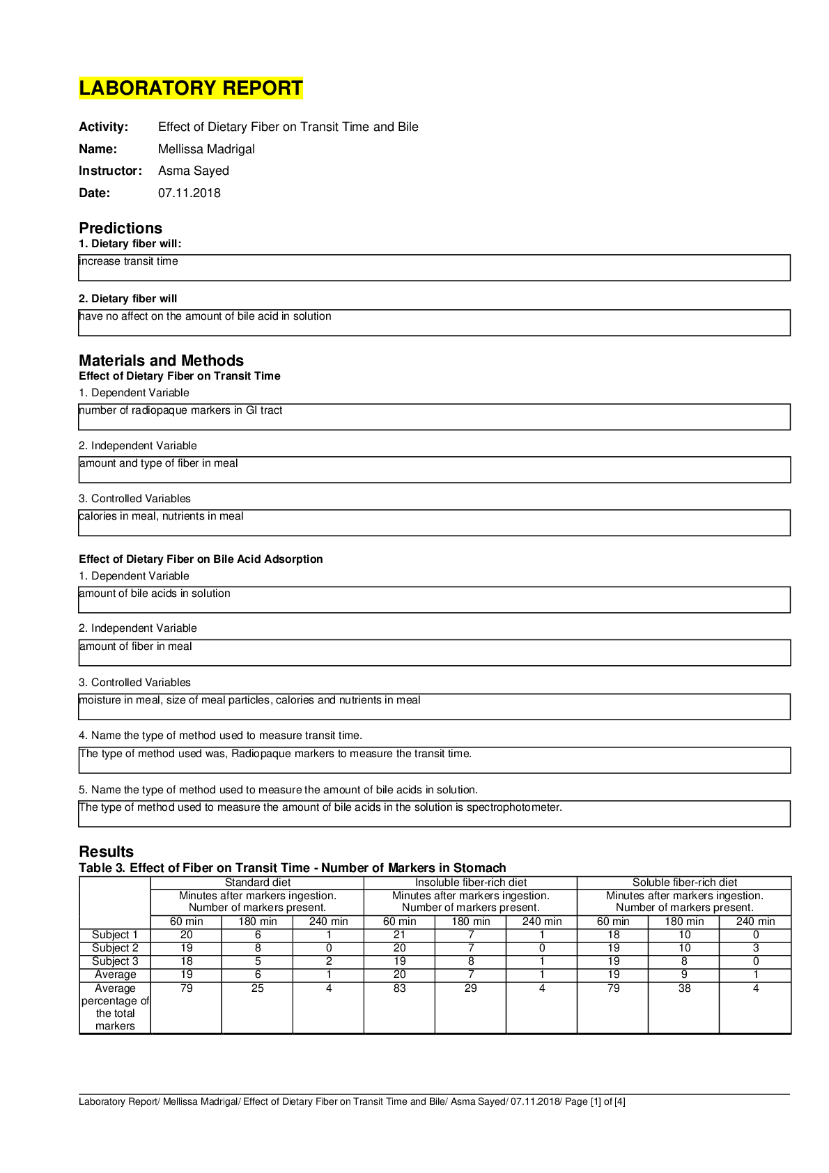 Preview image for LABORATORY REPORT Effect of Dietary Fiber on Transit Time and Bile