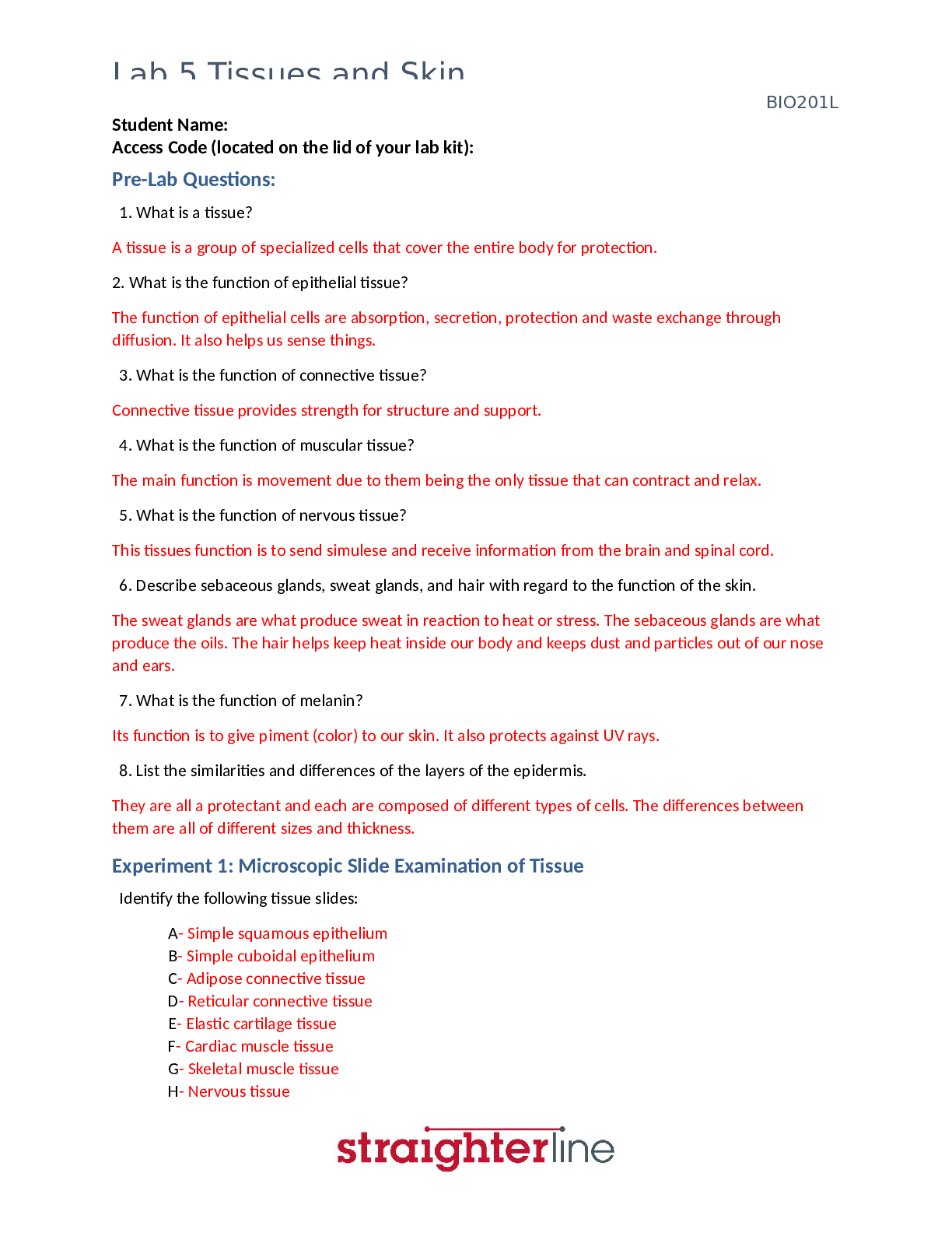 Preview image for BIO 201L Lab 5: Tissues and skin (straighterline) 2022