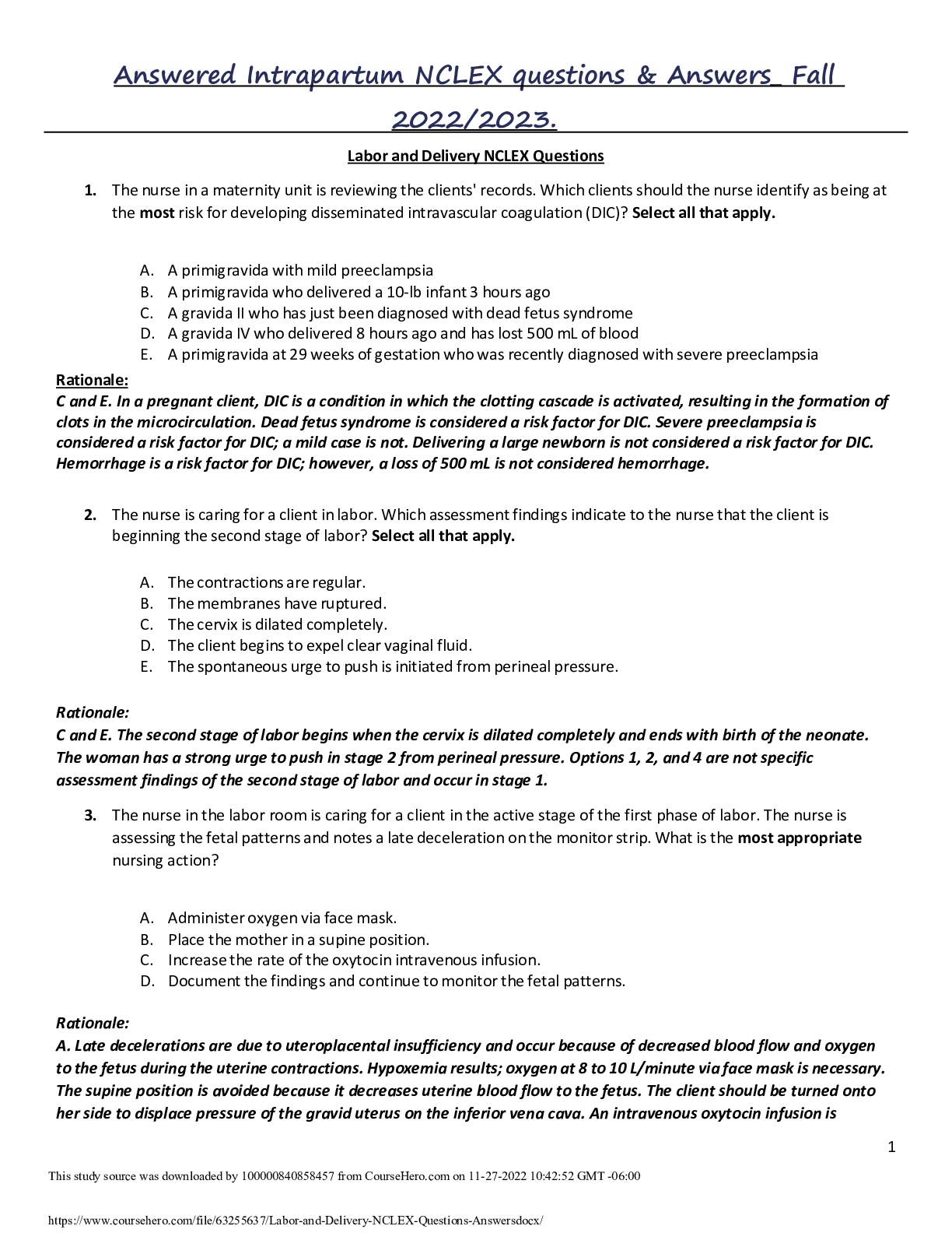 Preview image for Answered Intrapartum NCLEX questions & Answers_ Fall 2022/2023.