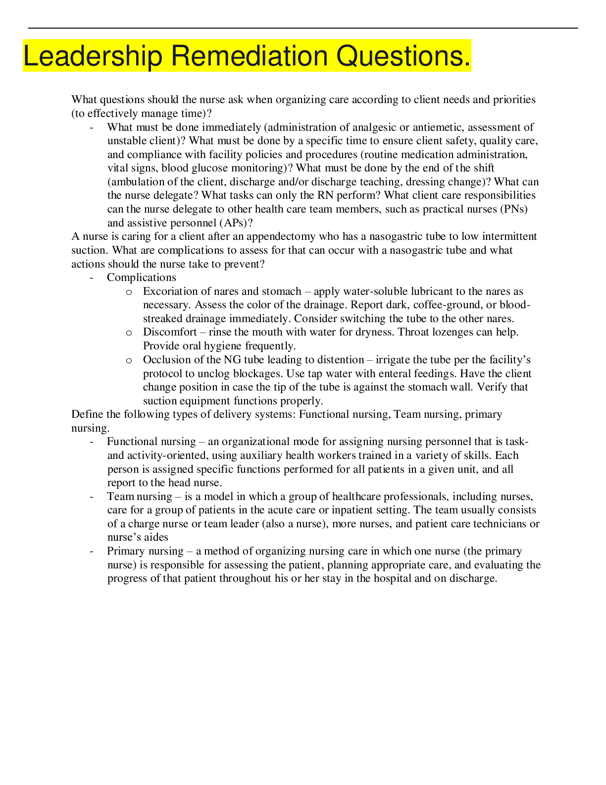 Preview image for Leadership Remediation Questions. (Graded A)