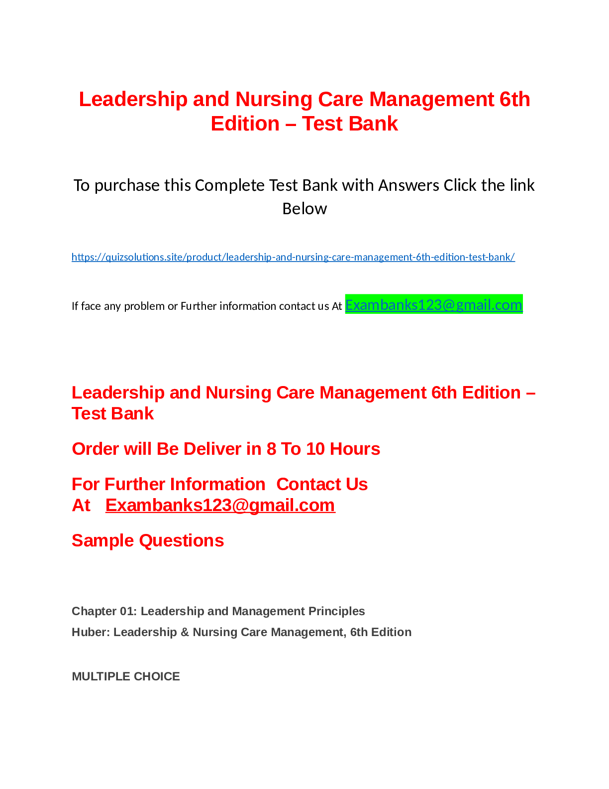 Preview image for Huber: Leadership & Nursing Care Management Test Bank (complete questions & answers)