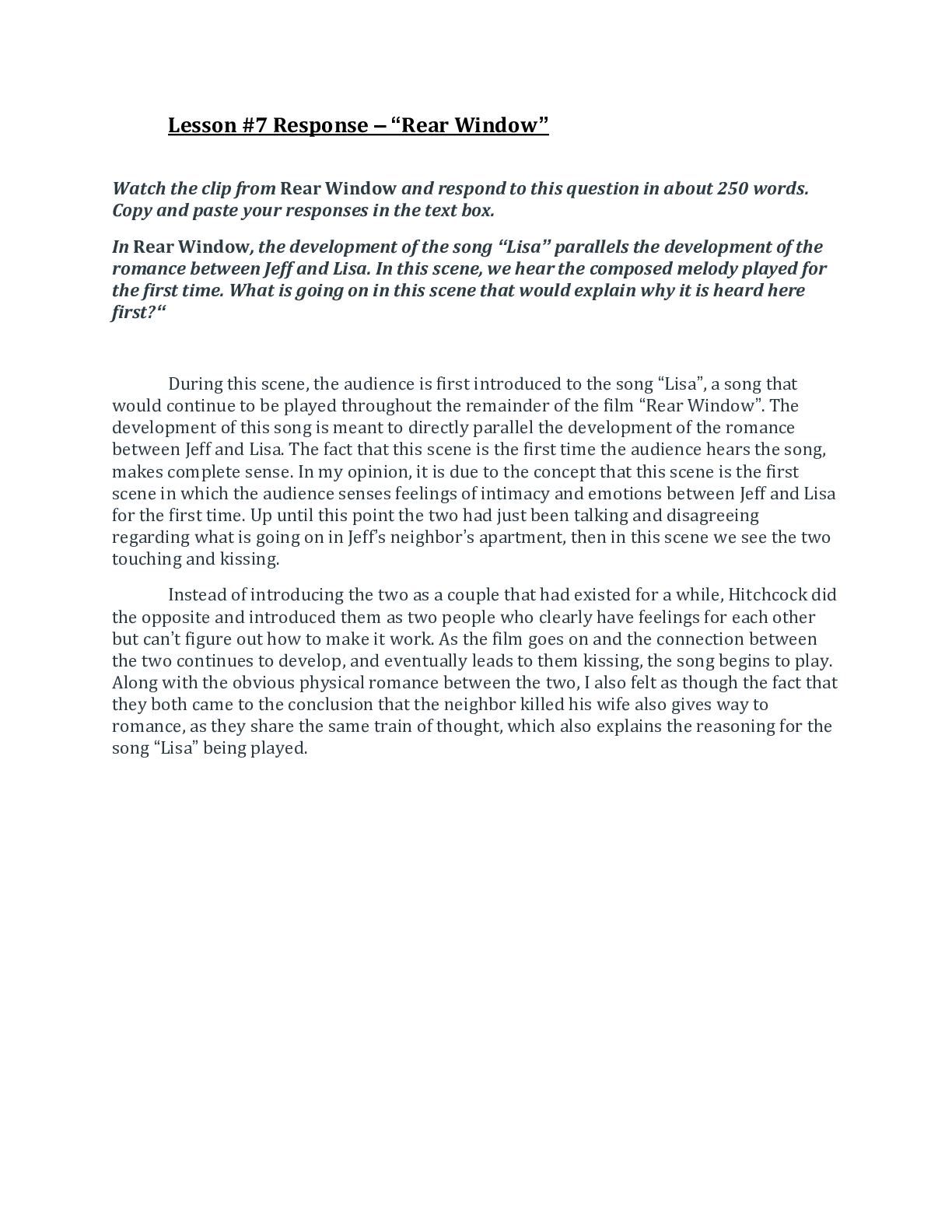 Preview of Pennsylvania State University - COMM 150Lesson 7 Response - Rear Window.