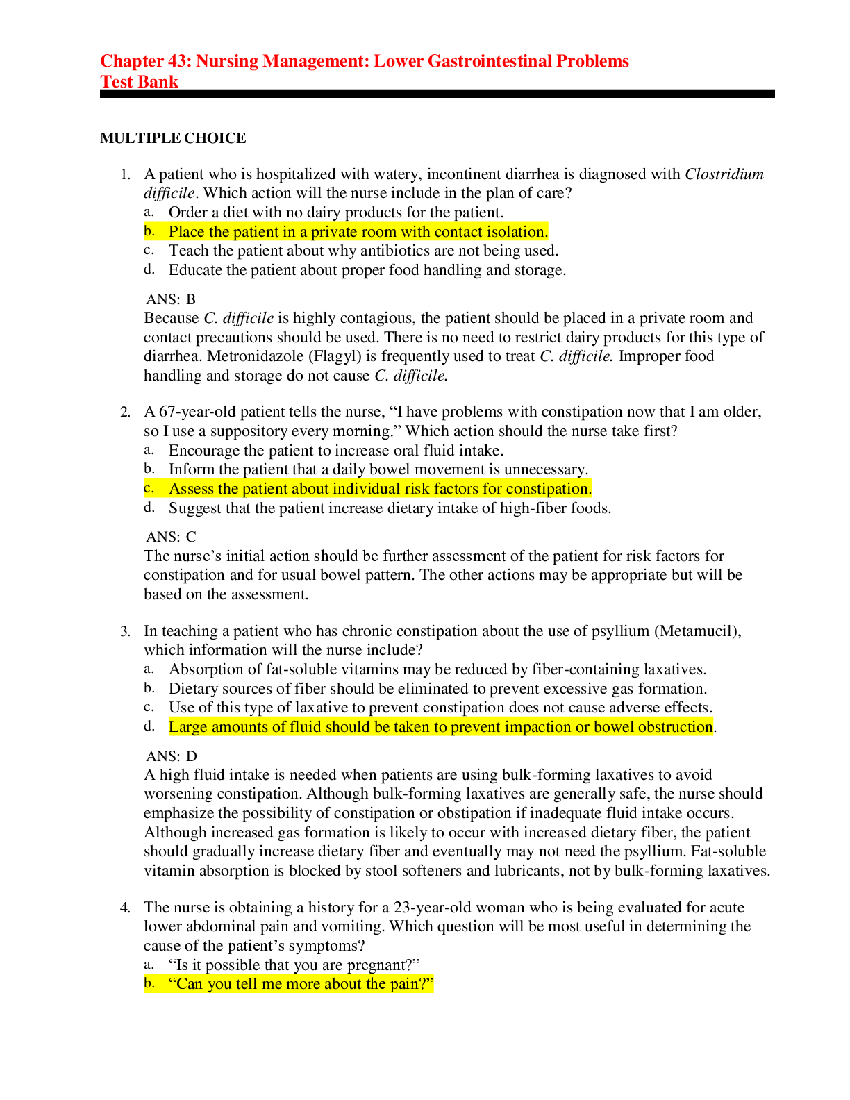 Preview image for Nursing Management: Lower Gastrointestinal Problems Test Bank | Lower Gastrointestinal Problems Test Bank (answered) Spring 2021 > A+