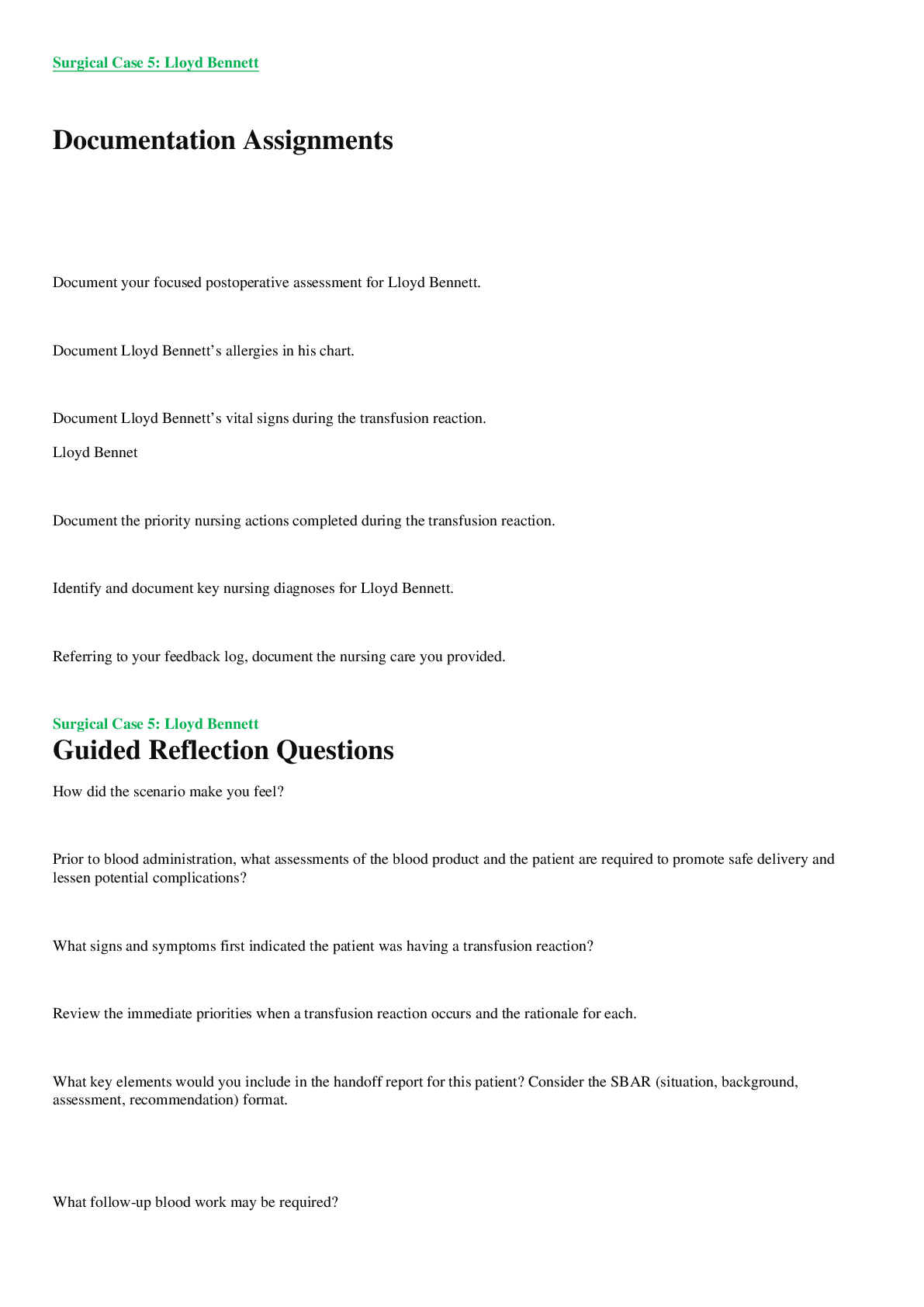 Preview image for Lloyd Bennett Surgical Case 5 Documentation Assignments & Guided Reflection Questions