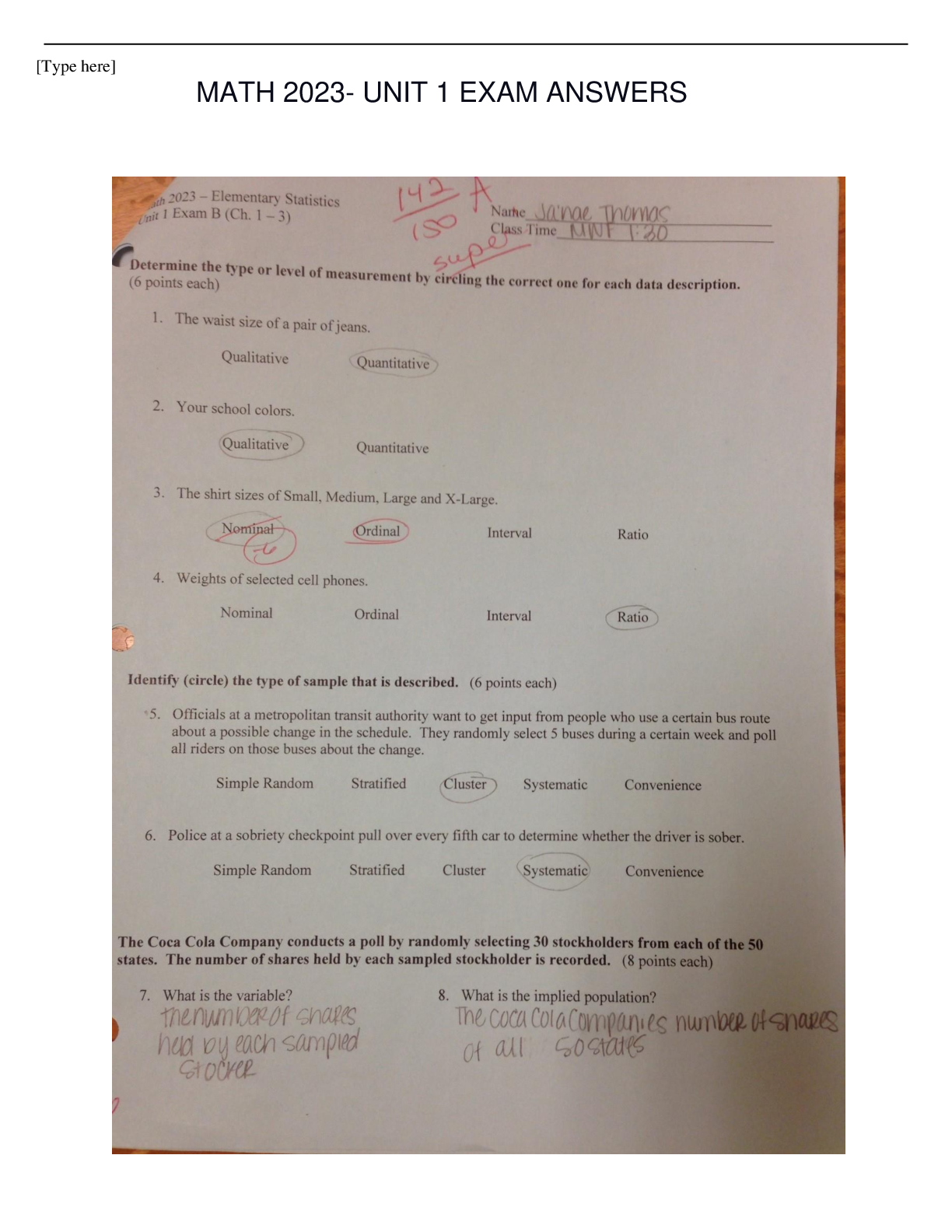 Preview image for MATH 2023- UNIT 1 ELEMENTARY STATISTICS- EXAM ANSWERS