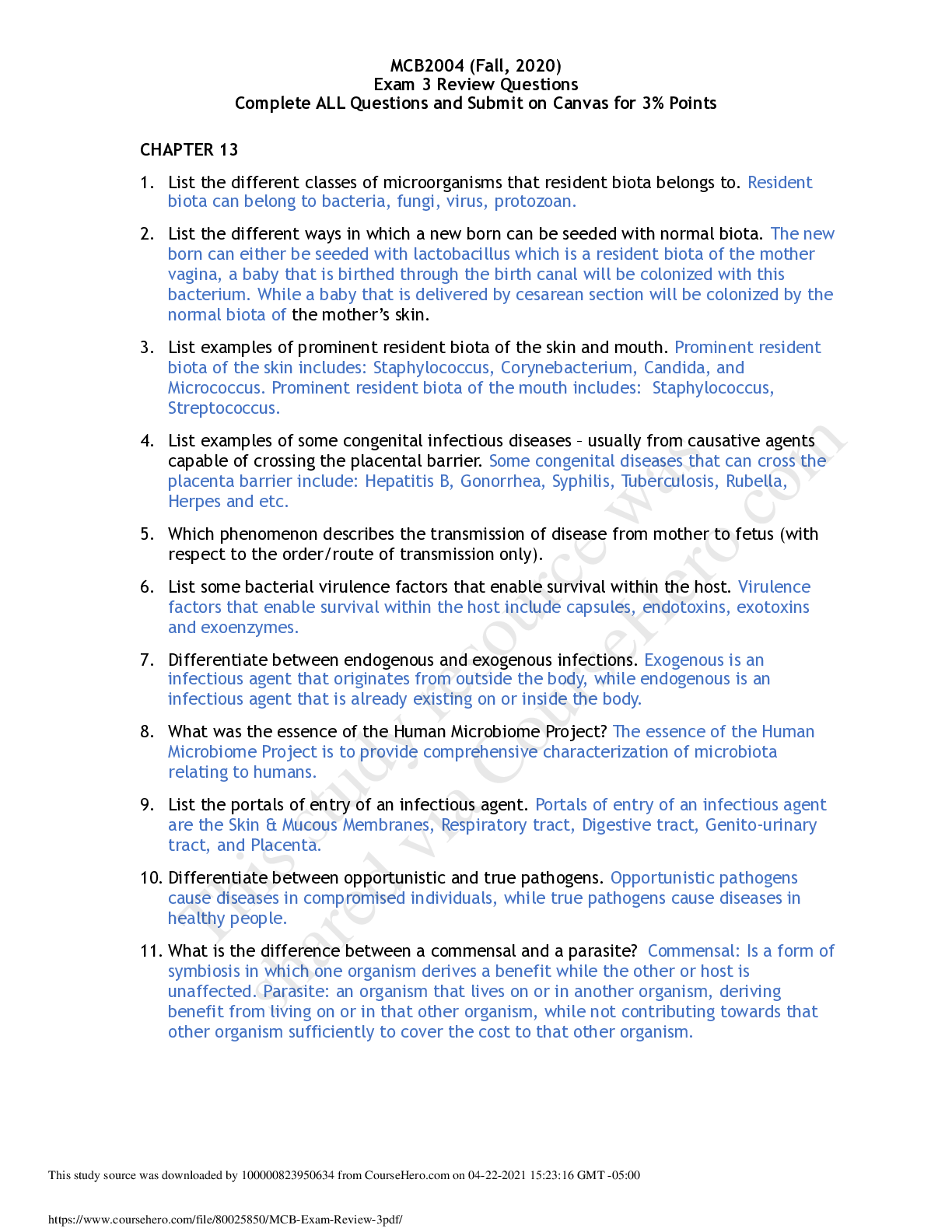 Preview of Florida Atlantic UniversityMCB 2004MCB_Exam_Review_3  (Fall, 2020) ALL ANSWERS ARE 100% CO