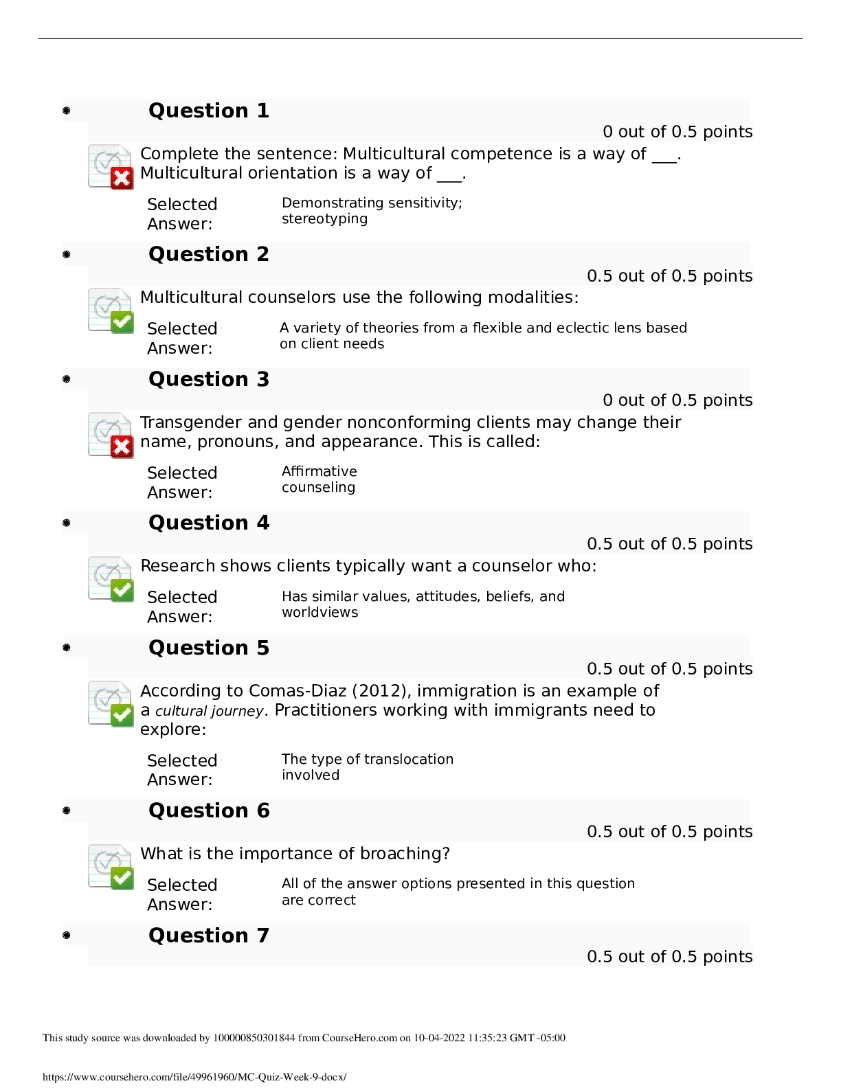 Preview image for COUN 6723 Multicultural Counseling MC Quiz Week 9 20 Q&A | Walden University