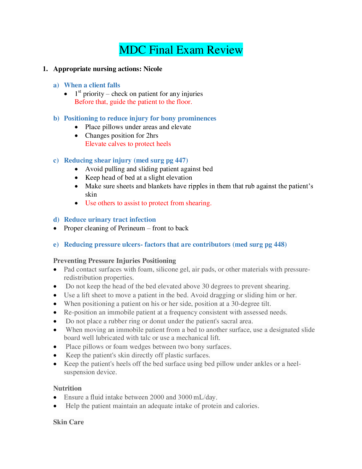 Preview of NURSING NUR2356 MDC EXAM 3 REVIEW