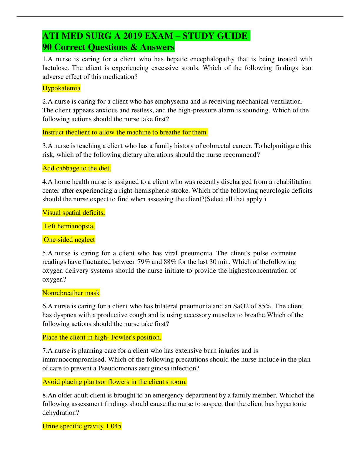 Preview of ATI MED SURG A 2019 EXAM – STUDY GUIDE  90 Correct Questions & Answers