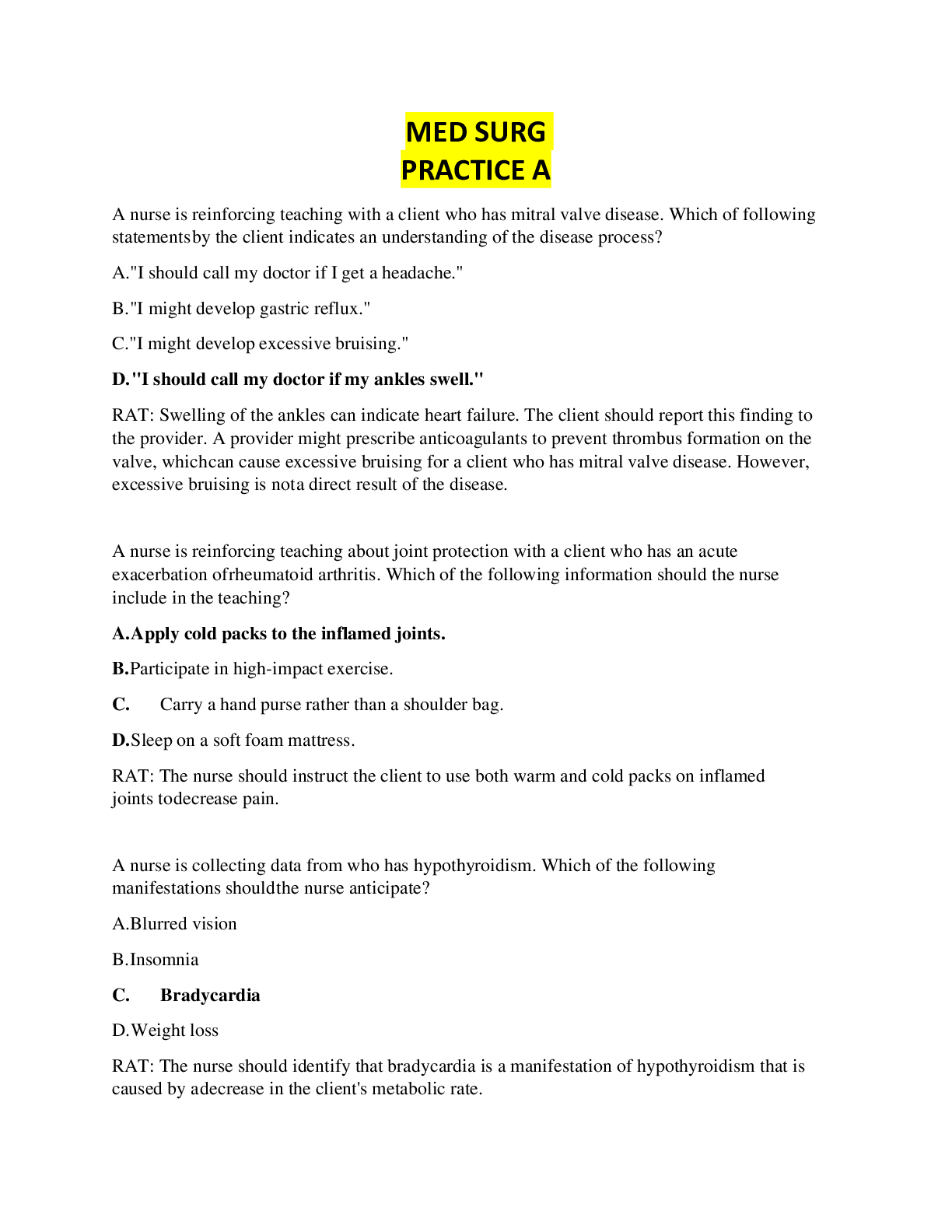 Preview image for NURSING 2092 MED SURG PRACTICE A Questions and Answers,100% CORRECT