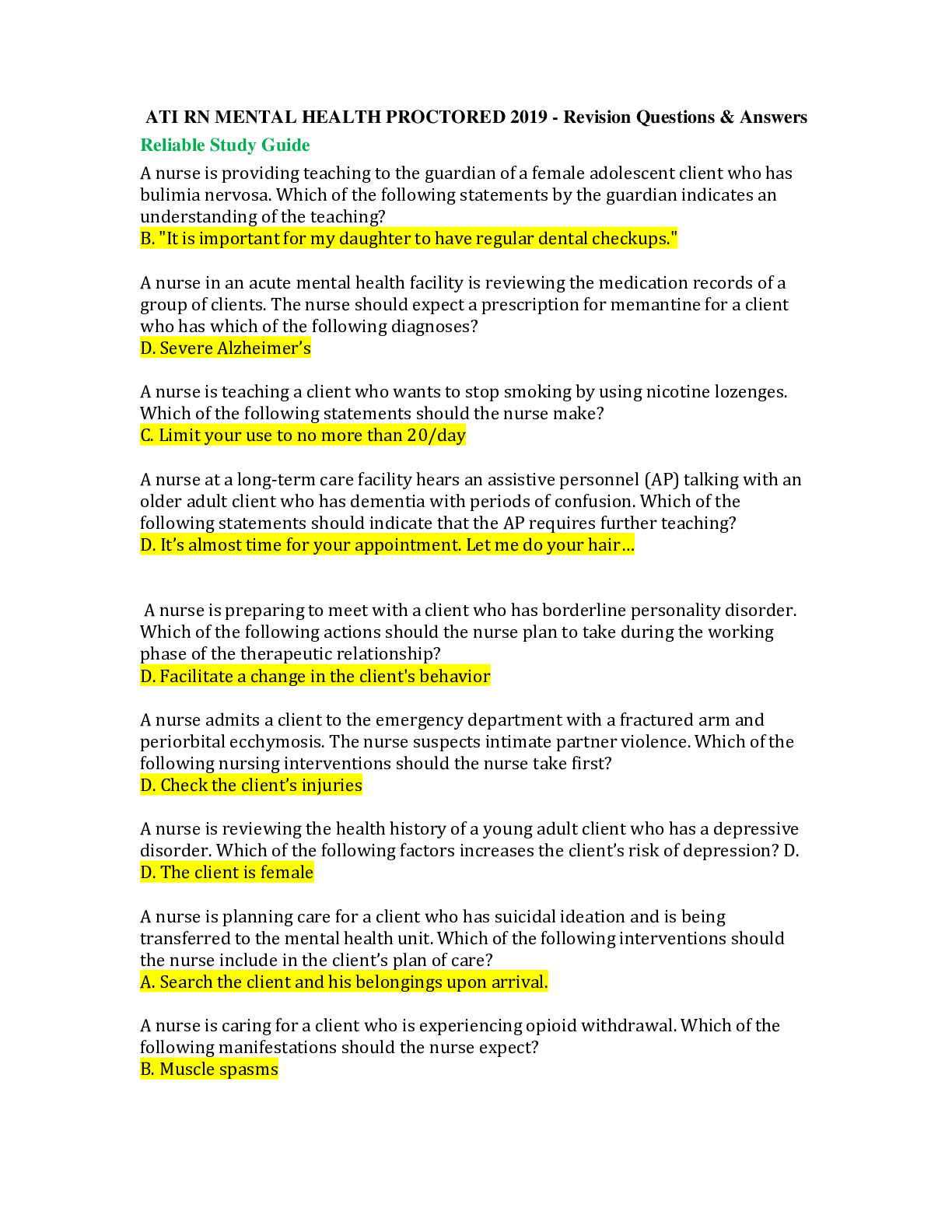 Preview image for ATI RN MENTAL HEALTH PROCTORED 2019 - Revision Questions & Answers Rated A