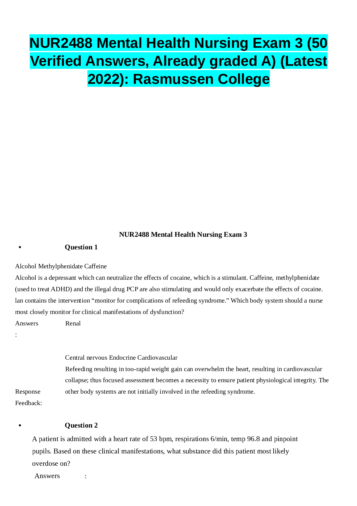 Preview image for NUR2488 Mental Health Nursing Exam 3 (50 Verified Answers, Already graded A) (Latest 2022): Rasmussen
