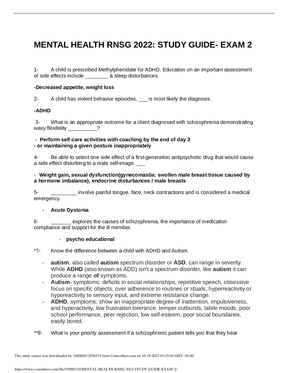 Preview image for MENTAL HEALTH RNSG 2022/2023: STUDY GUIDE- EXAM 2