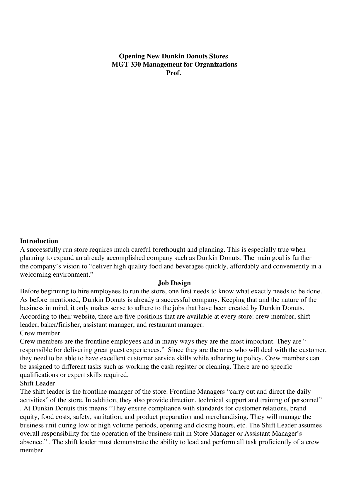 Preview image for MGT 330 Case Study Opening Your New Dunkin Donuts Locations