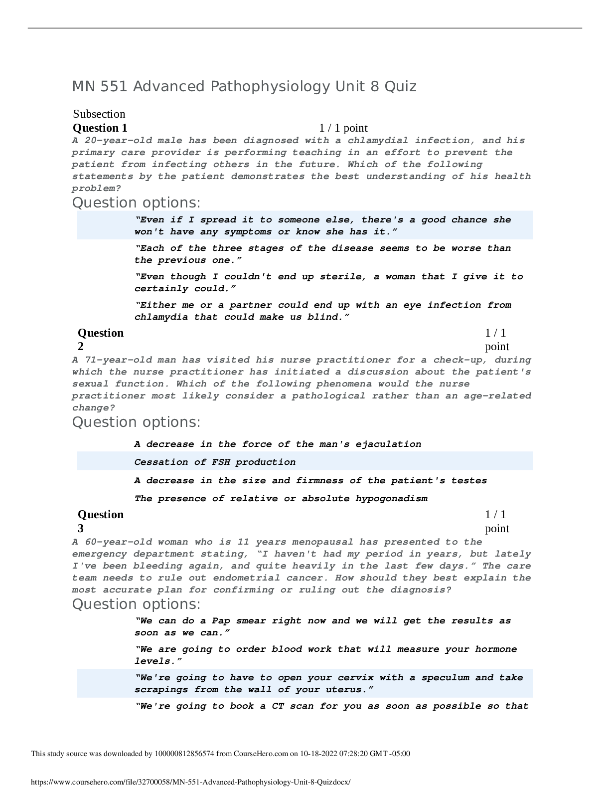 Preview image for MN 551 Advanced Pathophysiology Unit 8 Quiz