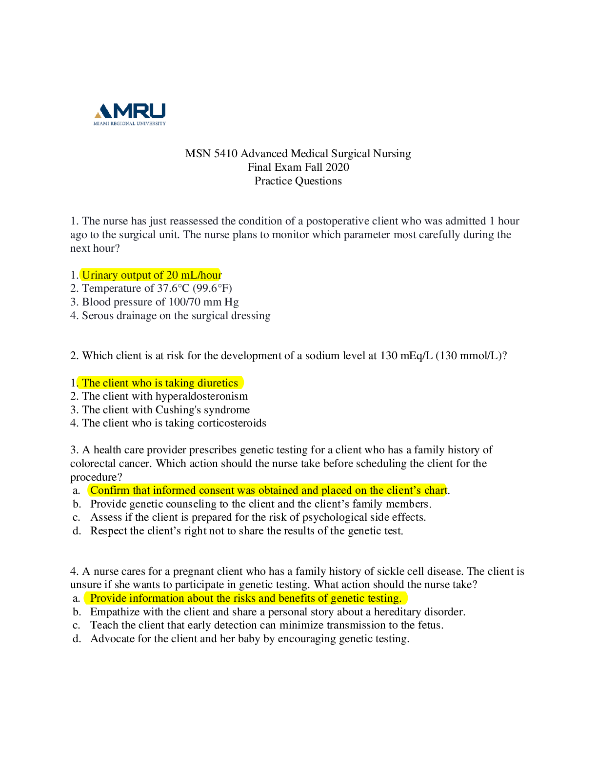 Preview image for MSN 5410 Advanced Medical Surgical Nursing Final Exam Fall 2020 Practice Questions