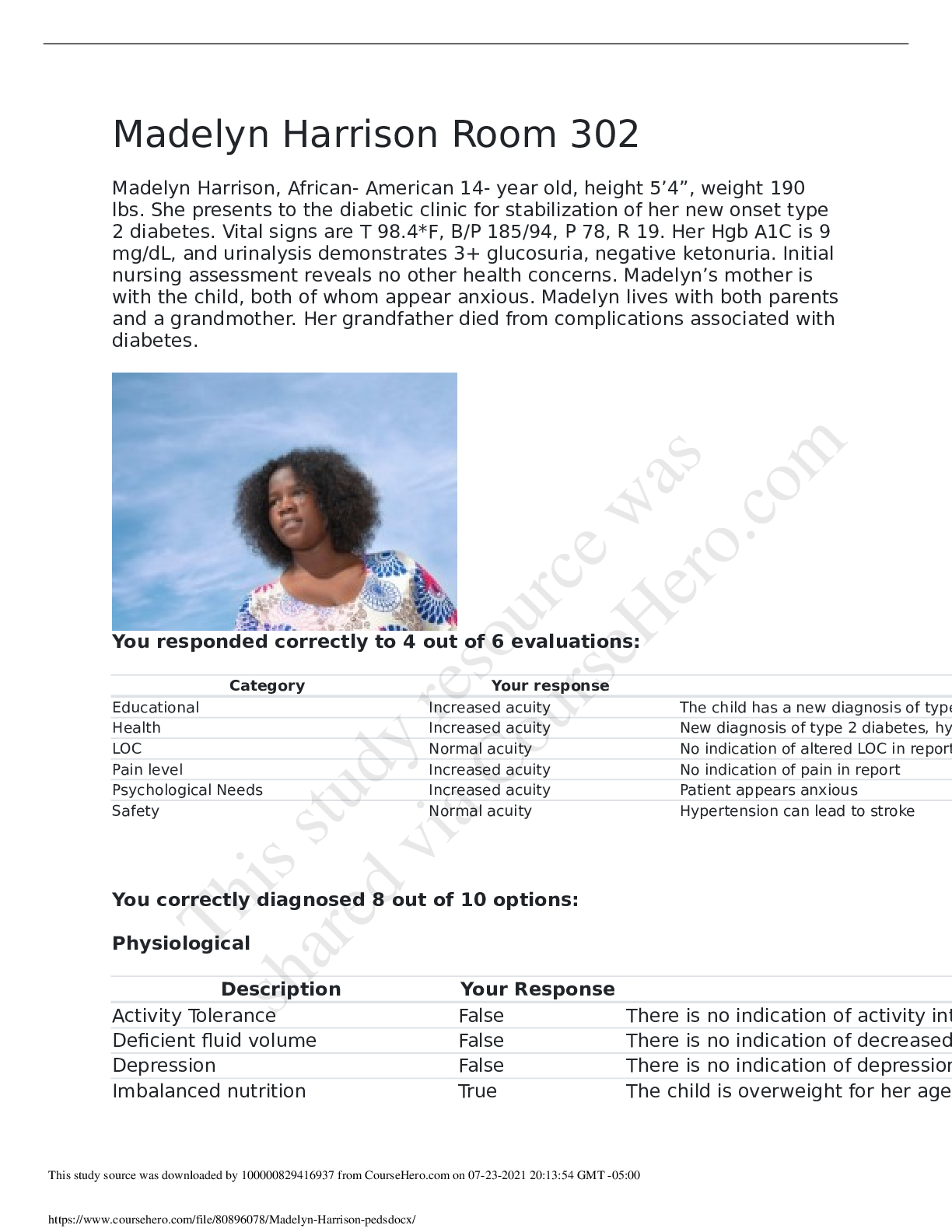 Preview of Madelyn HarrisonRoom302 > African- American 14- year old, height 5’4”, weight 190 lbs.
