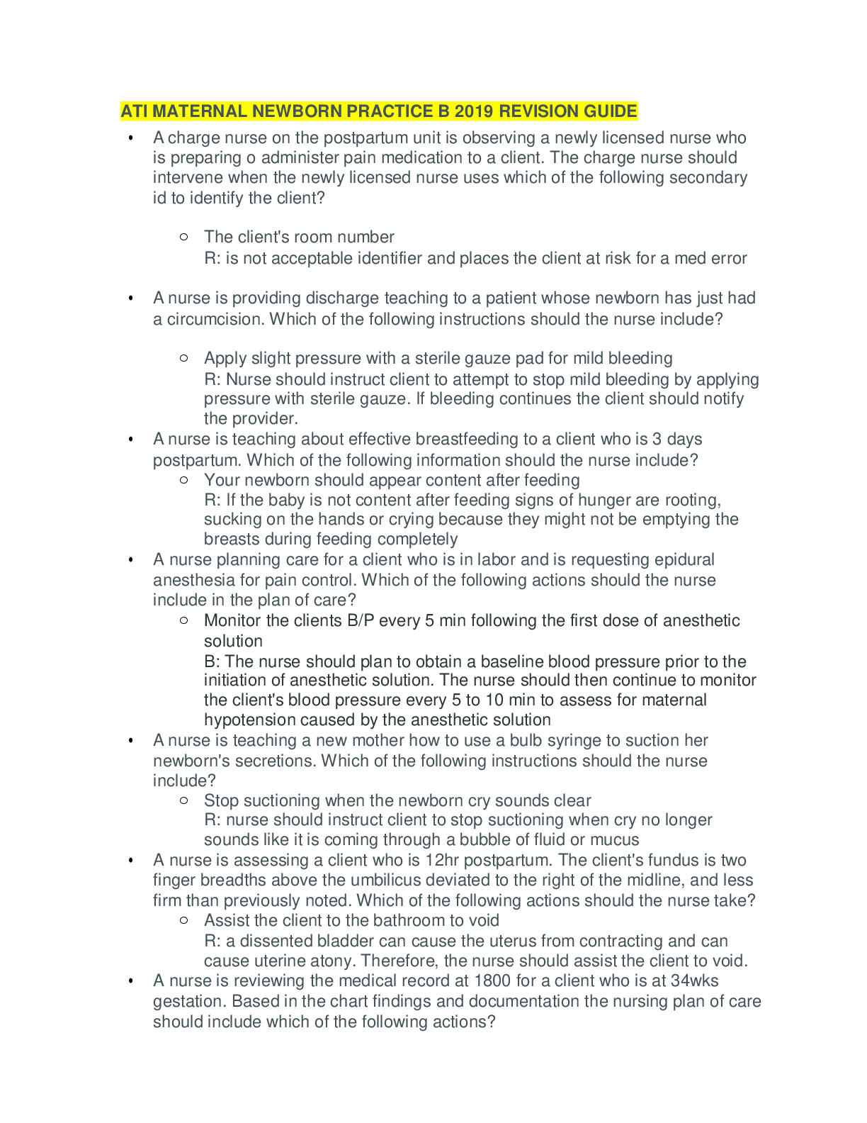 Preview of ATI MATERNAL NEWBORN PRACTICE B 2019 REVISION GUIDE